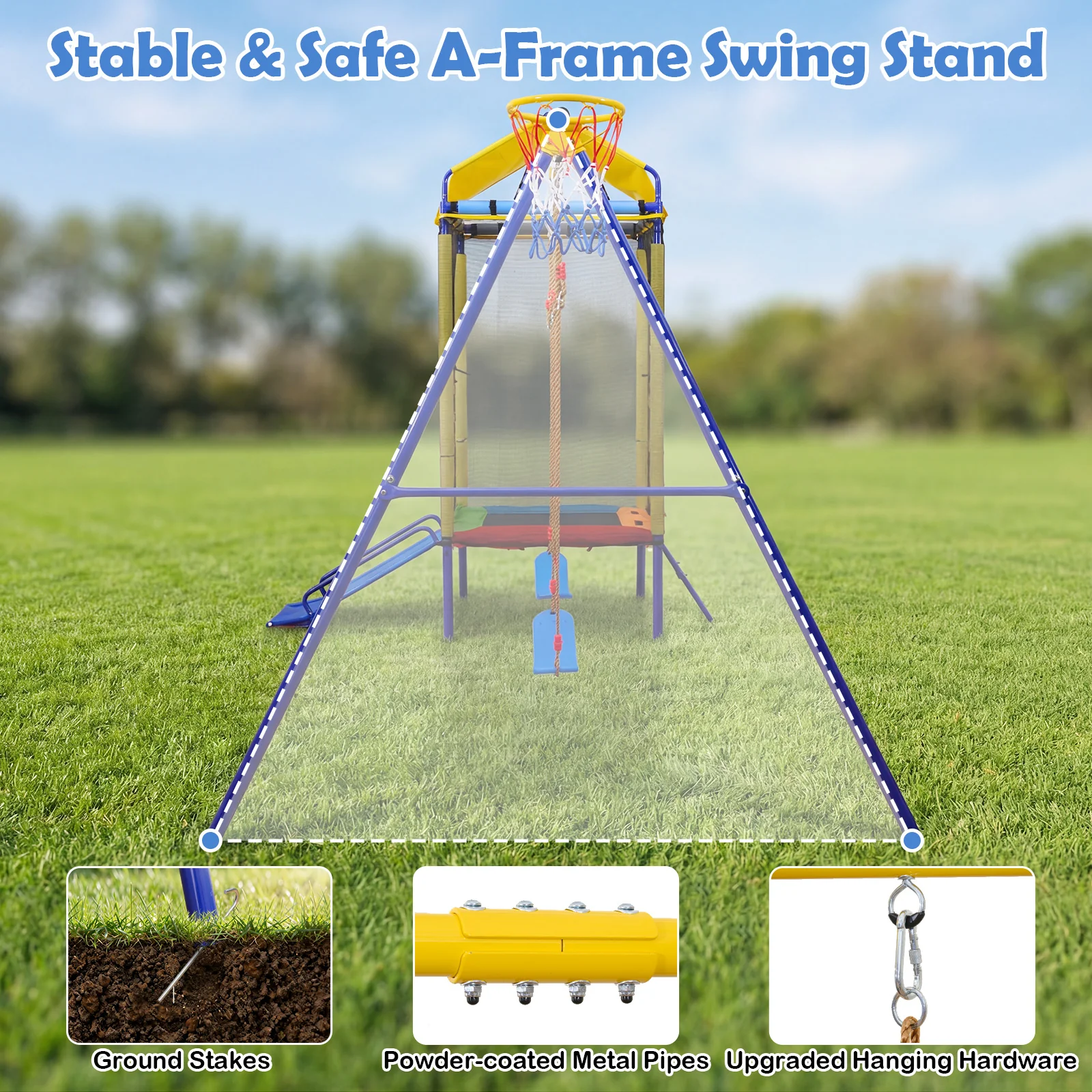 5-in-1 Kids Swing Set with Trampoline Roof Heavy-Duty Metal Outdoor Playset - Image 8