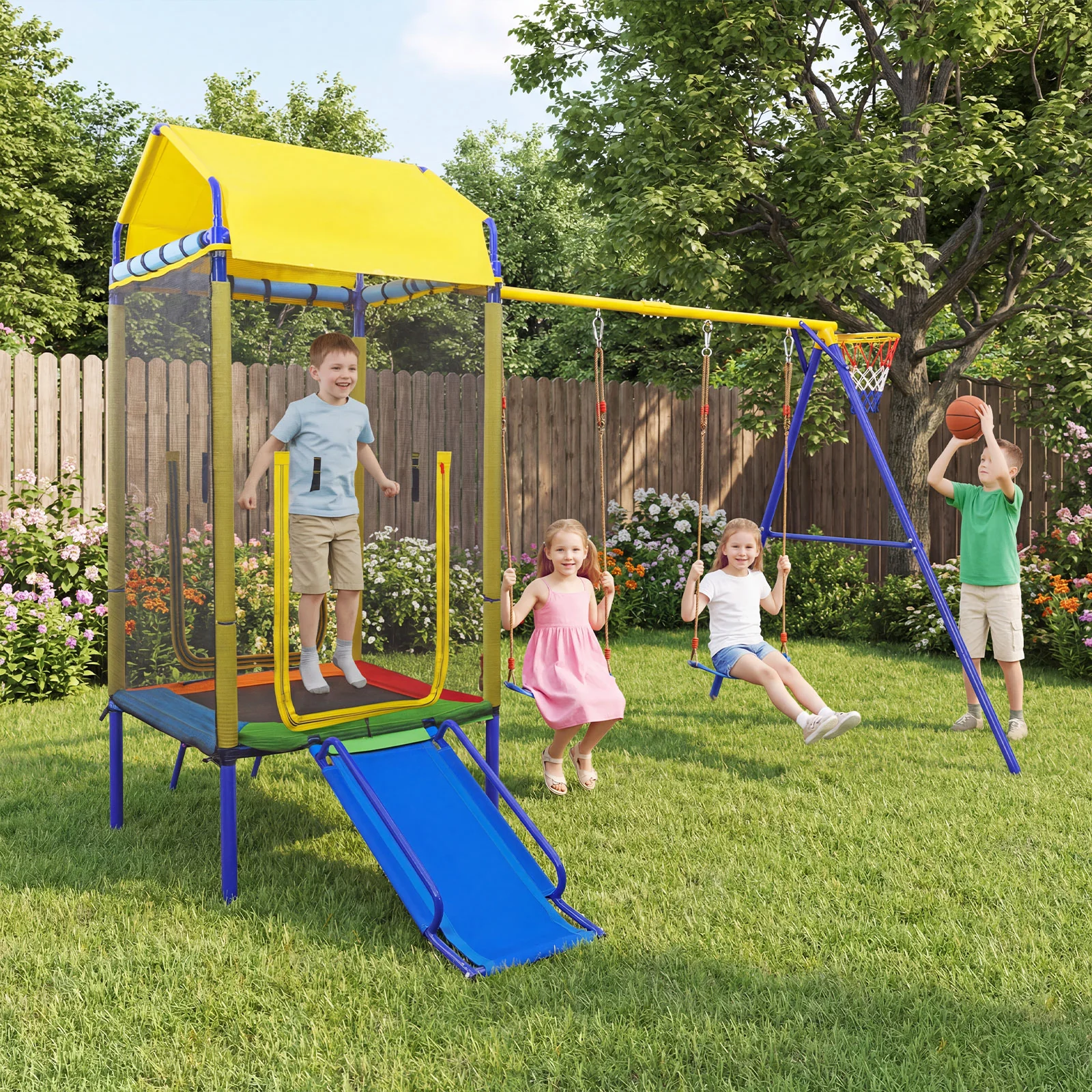 5-in-1 Kids Swing Set with Trampoline Roof Heavy-Duty Metal Outdoor Playset - Image 9