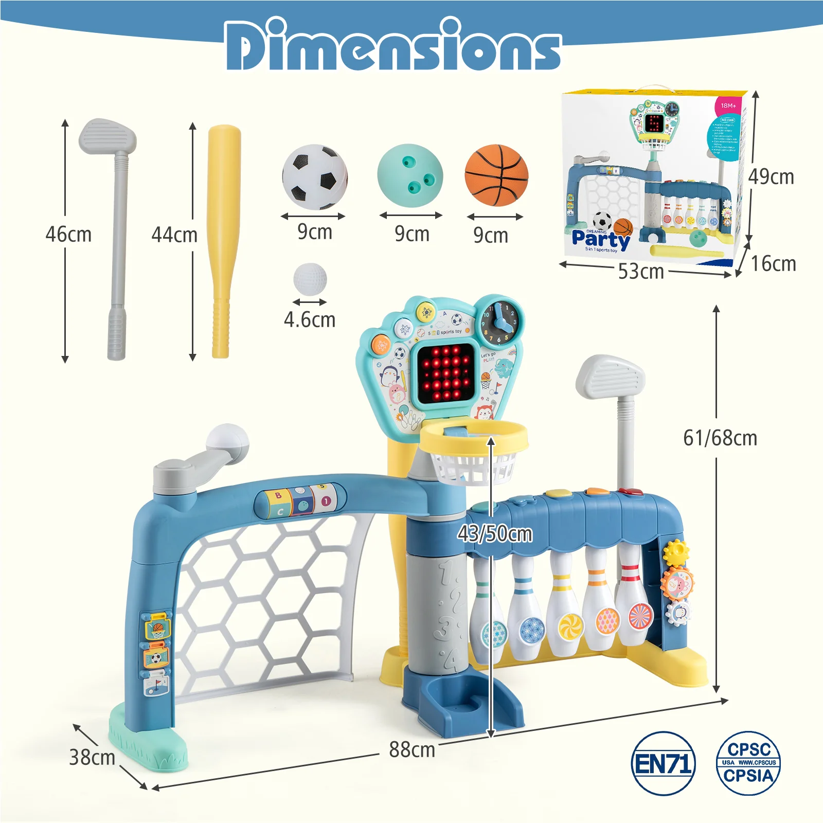 5 in 1 Toddler Sports Toy Kids Activity Center with Adjustable Basketball Hoop - Image 3