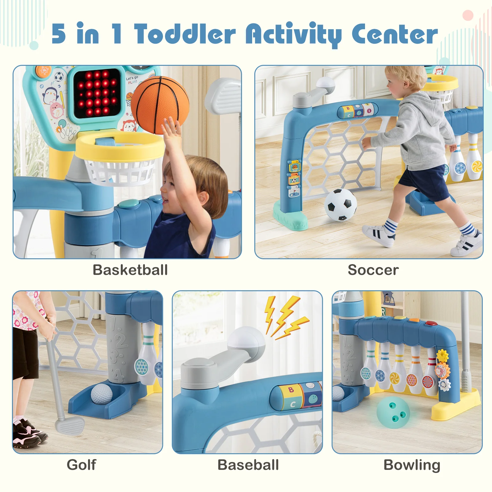 5 in 1 Toddler Sports Toy Kids Activity Center with Adjustable Basketball Hoop - Image 6