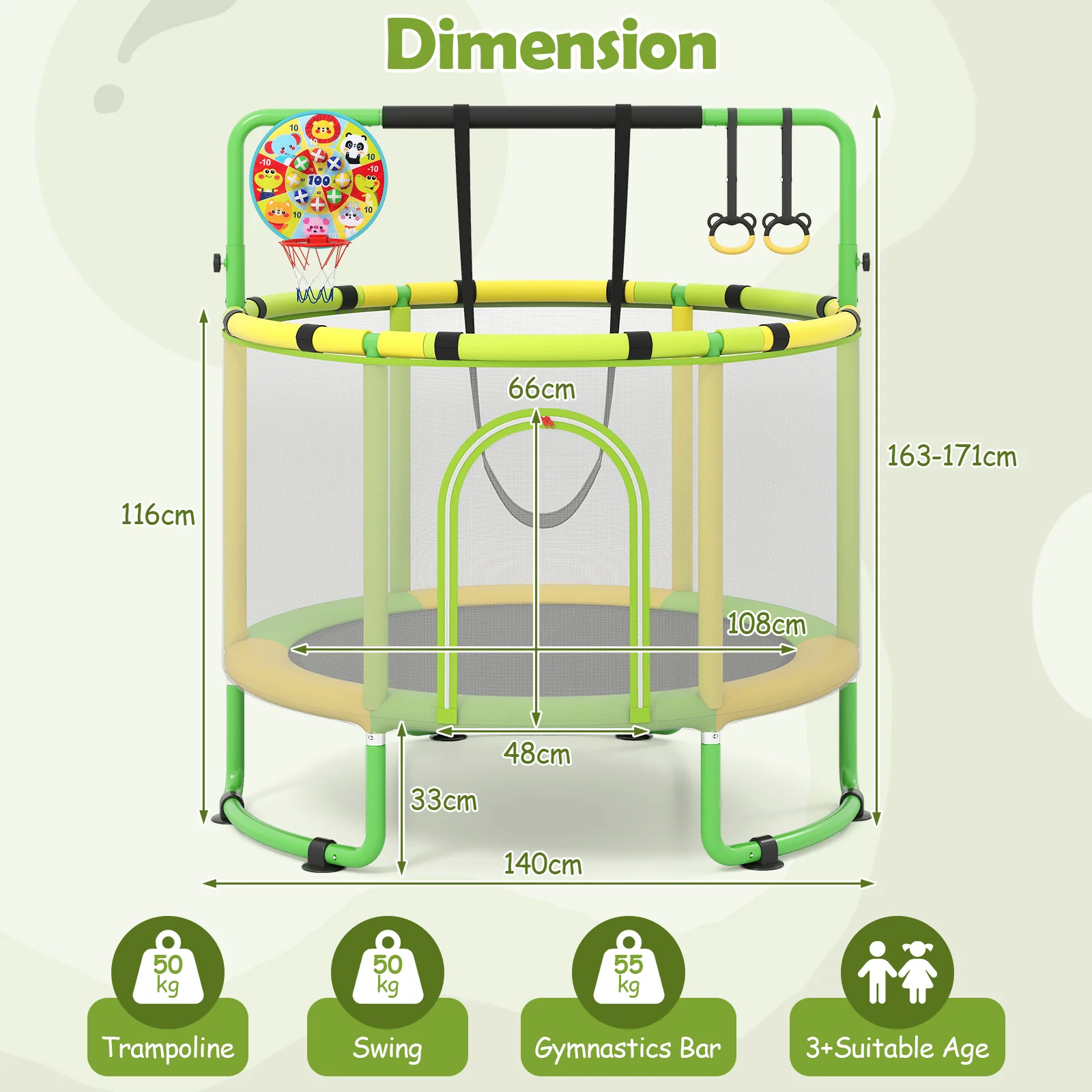 55/60" Trampoline for Kids with Enclosure, 6-in-1 Indoor Outdoor Toddler Trampoline - Image 11