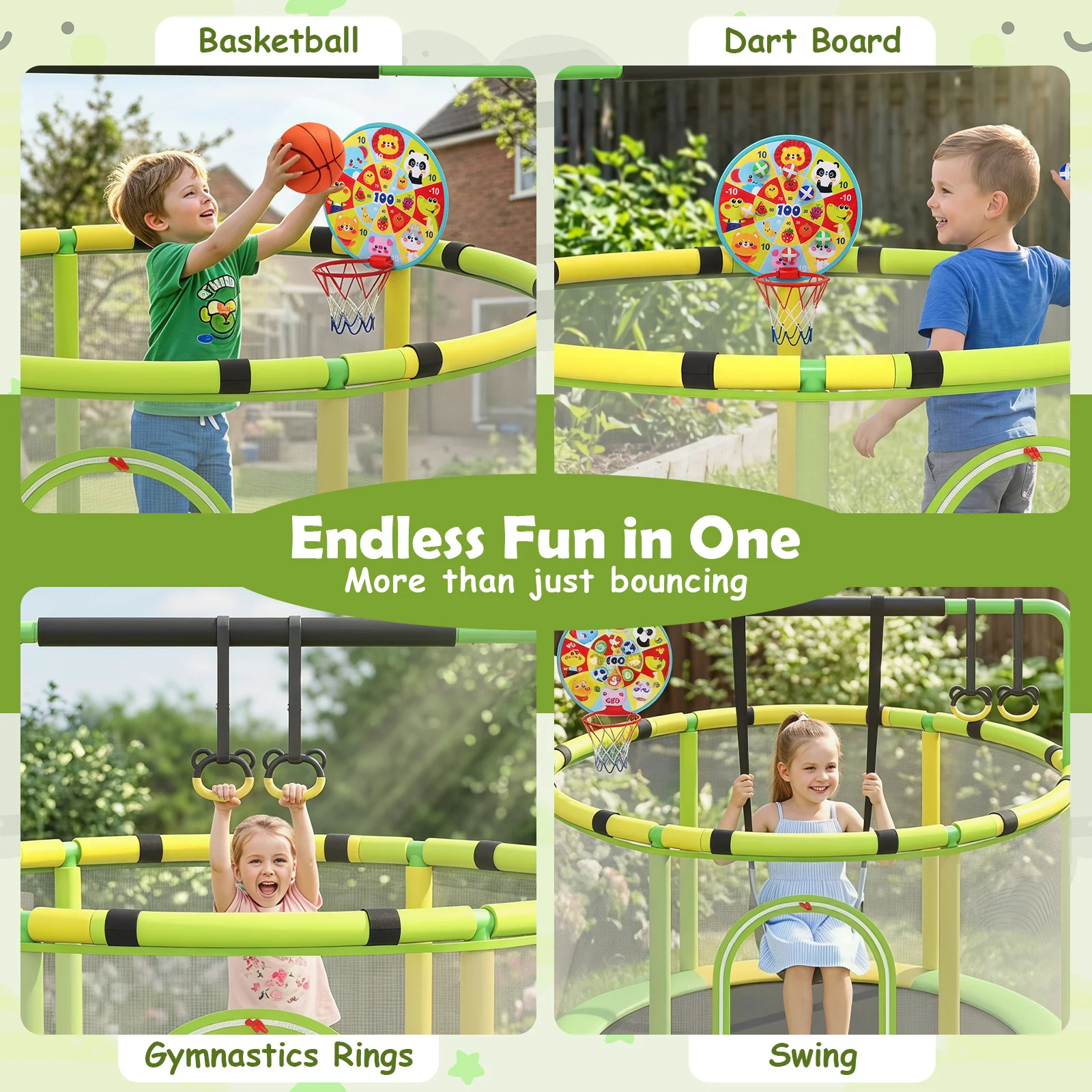 55/60" Trampoline for Kids with Enclosure, 6-in-1 Indoor Outdoor Toddler Trampoline - Image 2