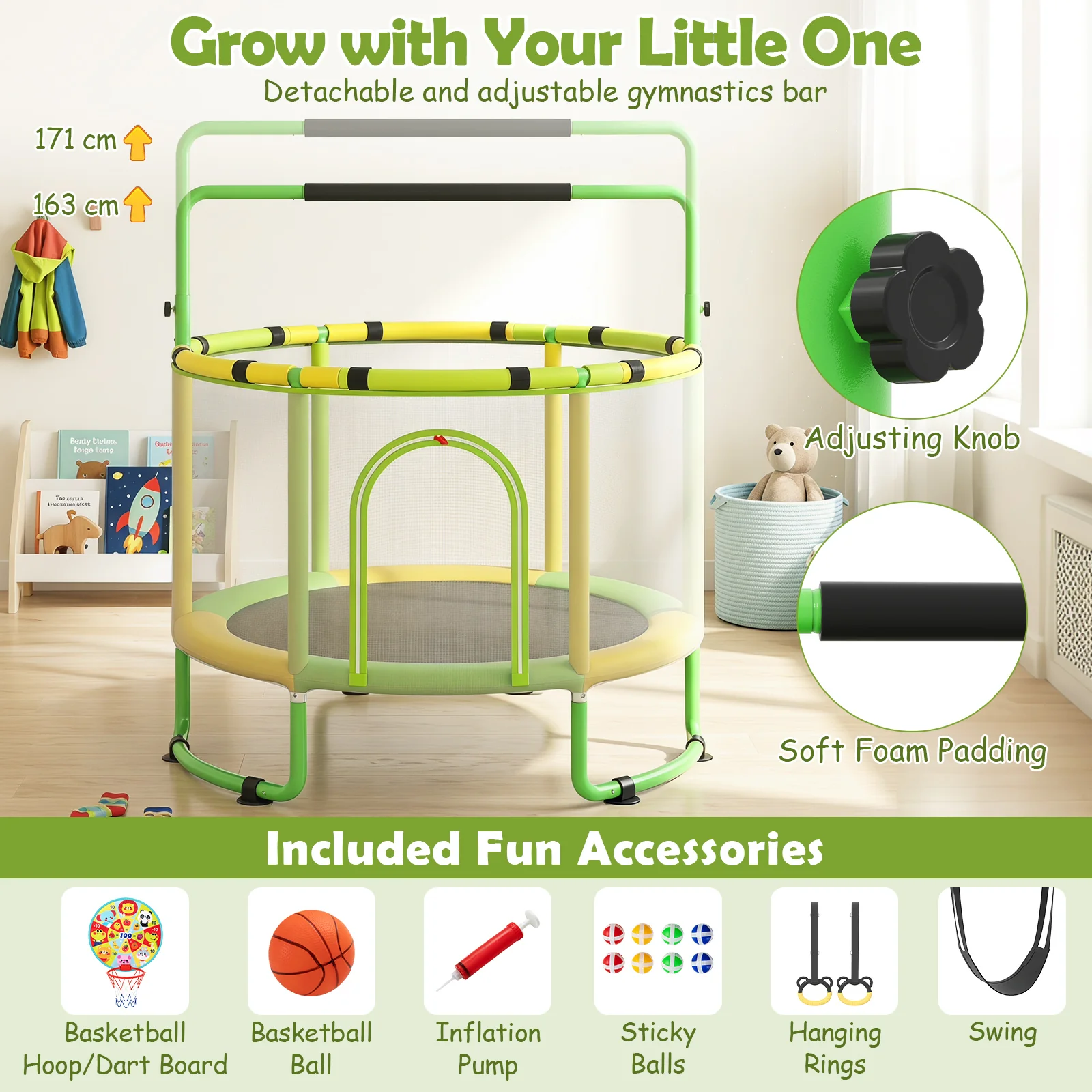 55/60" Trampoline for Kids with Enclosure, 6-in-1 Indoor Outdoor Toddler Trampoline - Image 8
