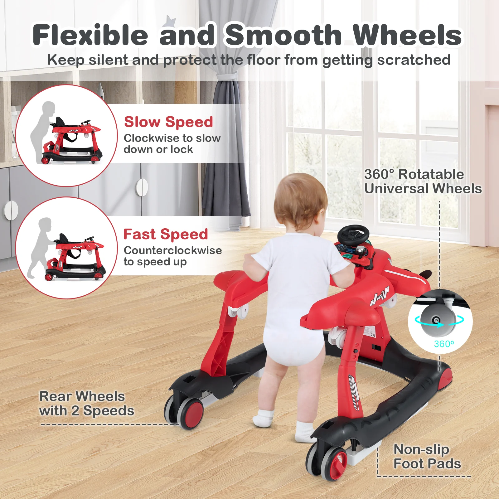6-in-1 Baby Walker, Foldable Push Walker with Adjustable Height & Speed, Padded Seat - Image 10