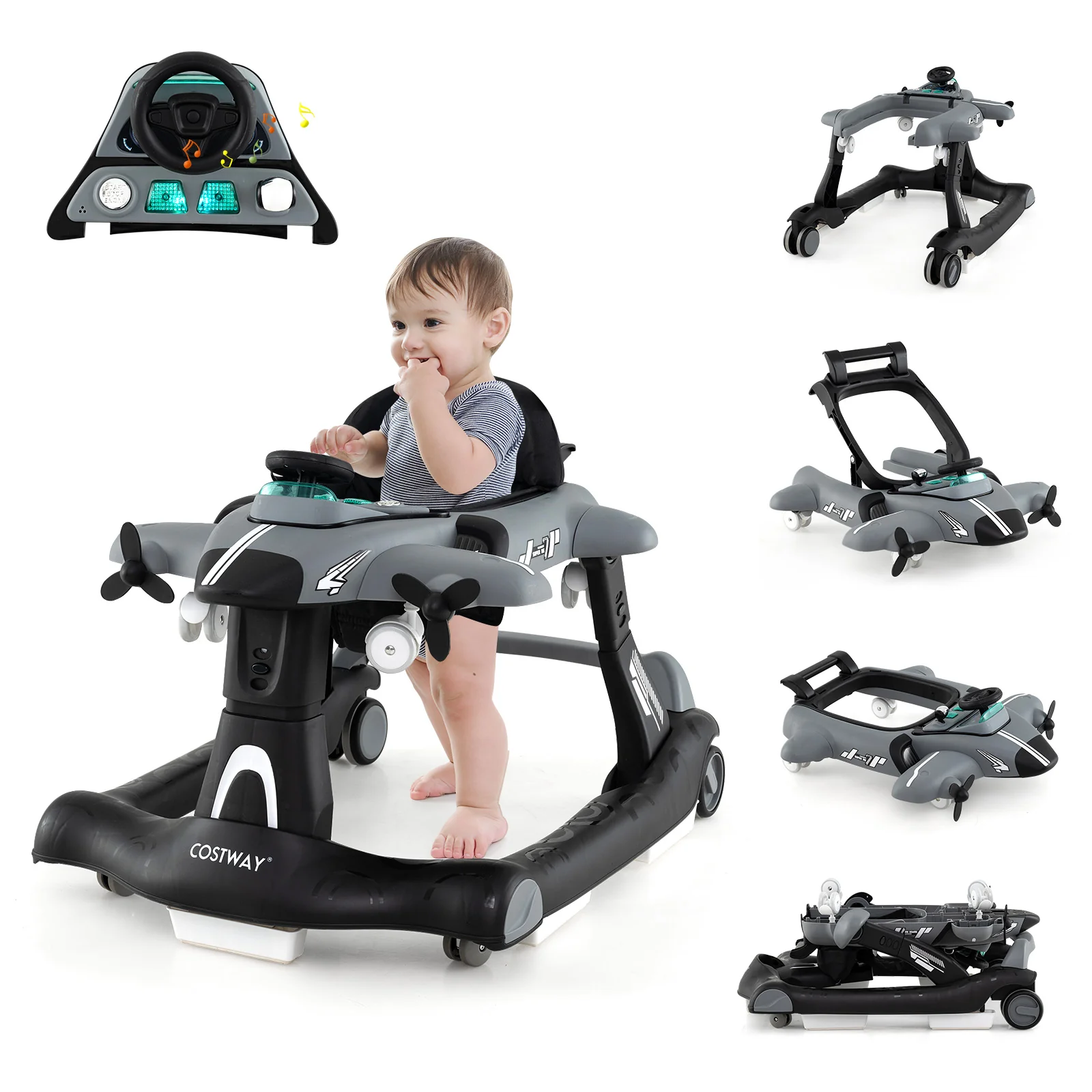 6-in-1 Baby Walker, Foldable Push Walker with Adjustable Height & Speed, Padded Seat - Image 11