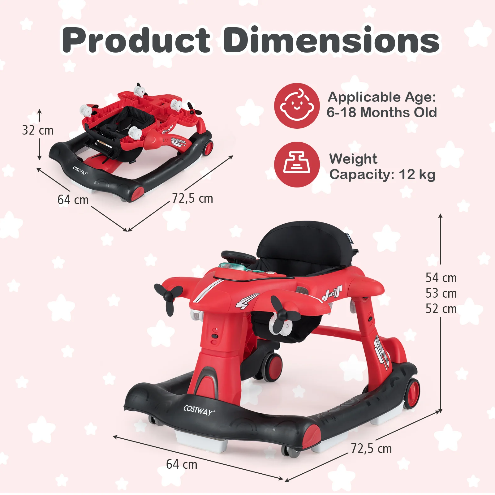 6-in-1 Baby Walker, Foldable Push Walker with Adjustable Height & Speed, Padded Seat - Image 3