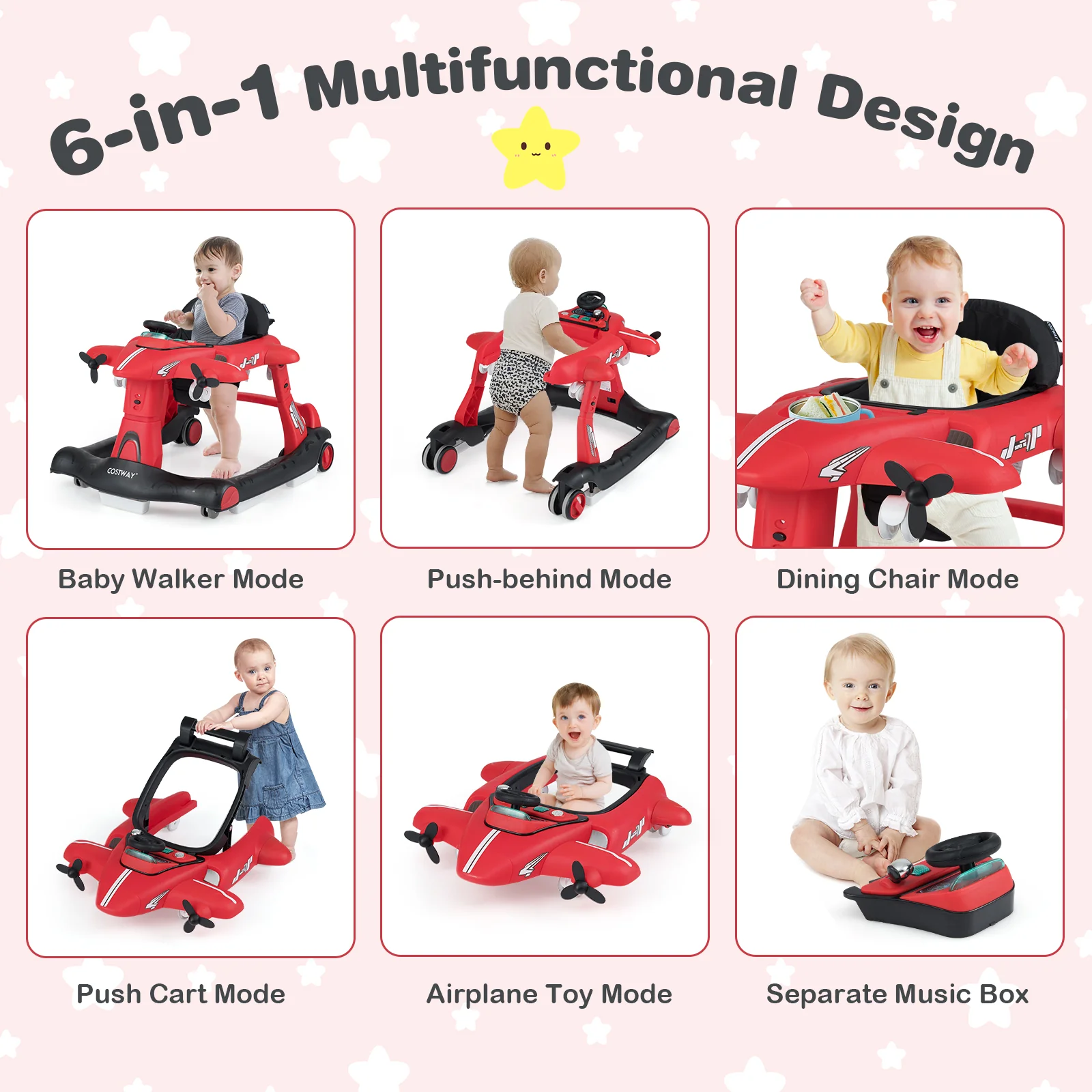 6-in-1 Baby Walker, Foldable Push Walker with Adjustable Height & Speed, Padded Seat - Image 4