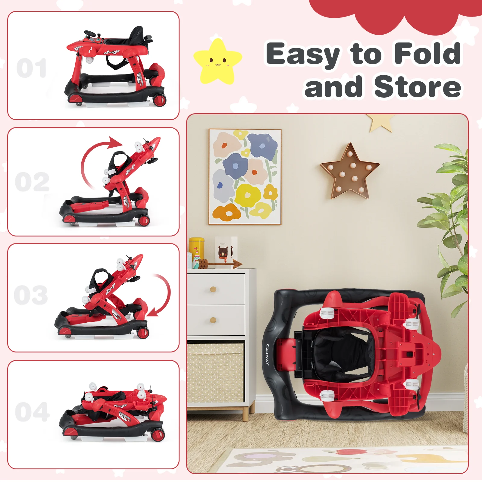 6-in-1 Baby Walker, Foldable Push Walker with Adjustable Height & Speed, Padded Seat - Image 7