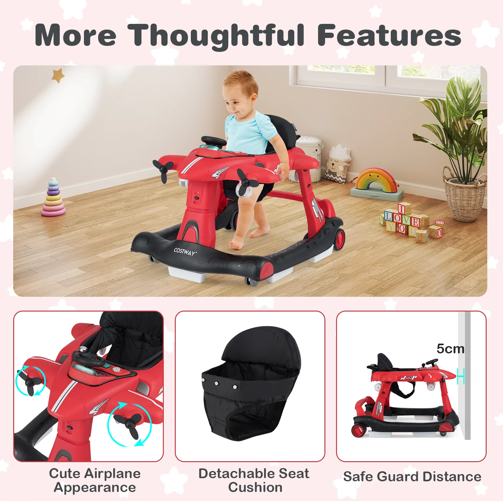 6-in-1 Baby Walker, Foldable Push Walker with Adjustable Height & Speed, Padded Seat - Image 8
