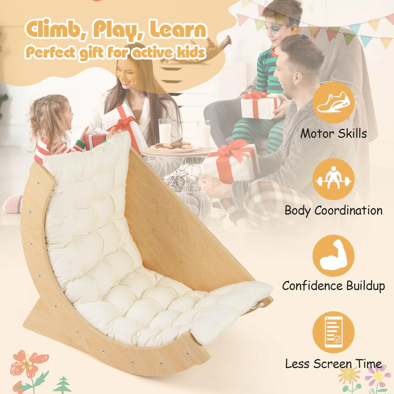 6 in 1 Climbing Arch Playset Wooden Rocker Stoppers Table w/Removable Cushion - Image 8