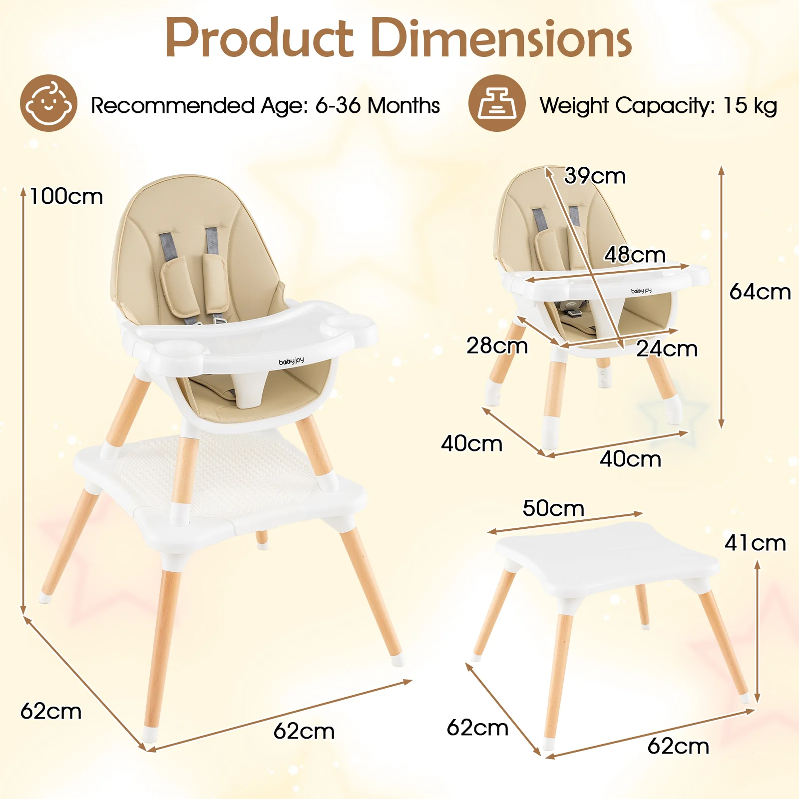 6-in-1 Convertible Table Chair Set, Wooden Infant Seat Feeding Dining Studying Chair for Kids 6-36 Months - Image 10
