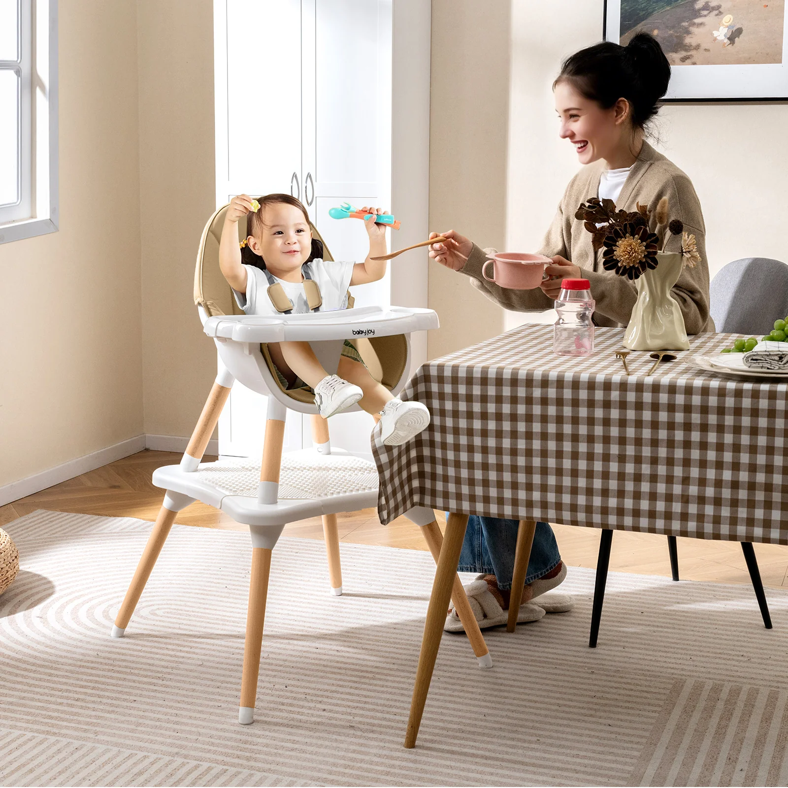 6-in-1 Convertible Table Chair Set, Wooden Infant Seat Feeding Dining Studying Chair for Kids 6-36 Months - Image 2