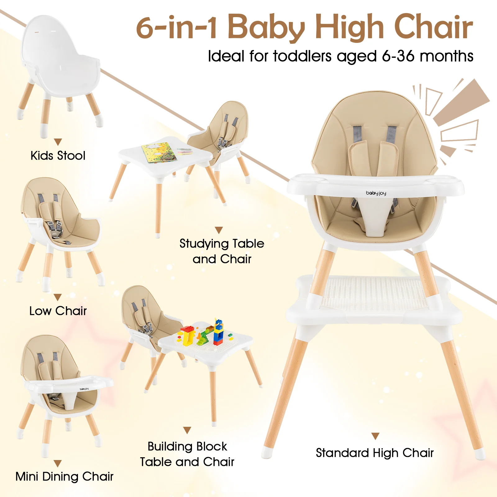 6-in-1 Convertible Table Chair Set, Wooden Infant Seat Feeding Dining Studying Chair for Kids 6-36 Months - Image 4