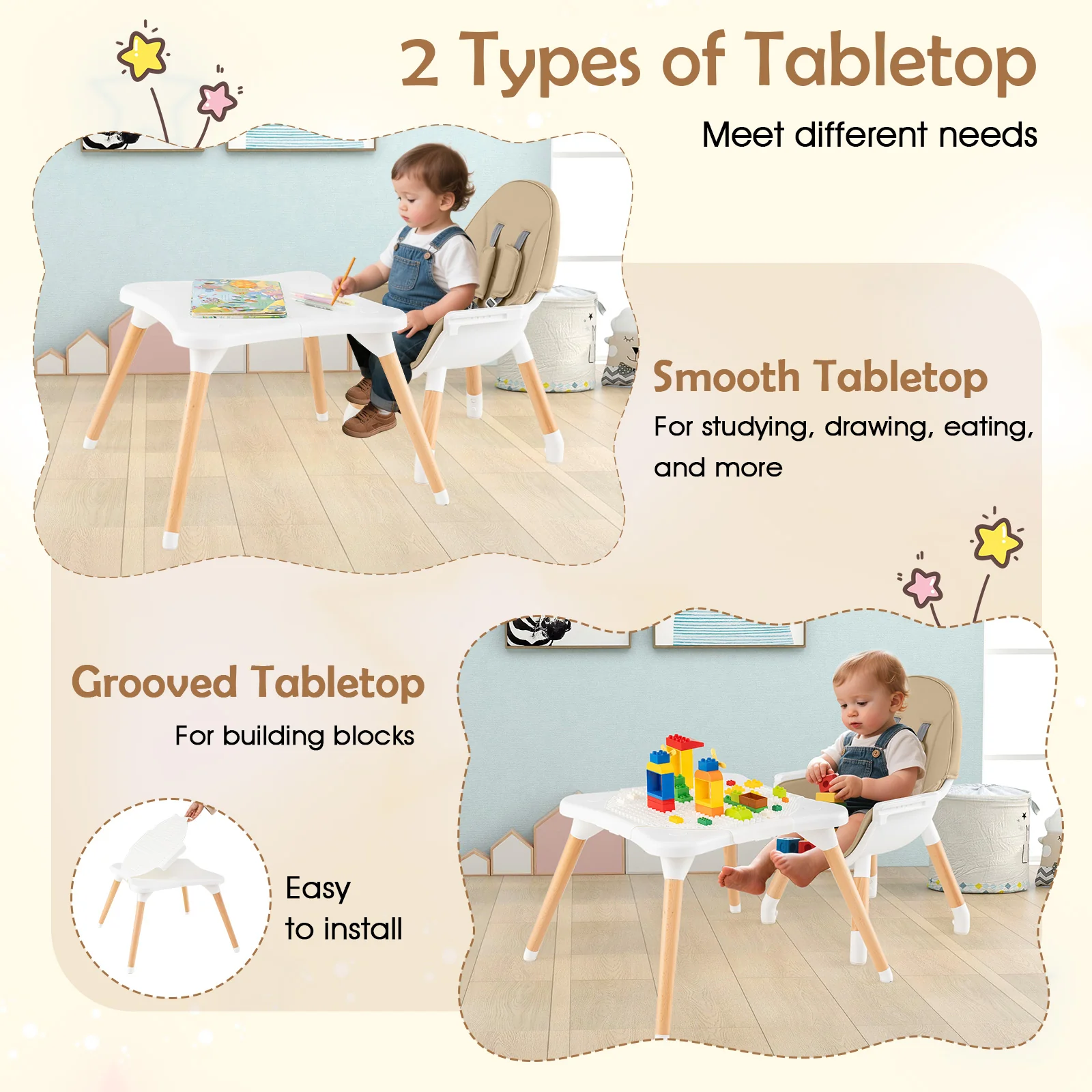 6-in-1 Convertible Table Chair Set, Wooden Infant Seat Feeding Dining Studying Chair for Kids 6-36 Months - Image 5