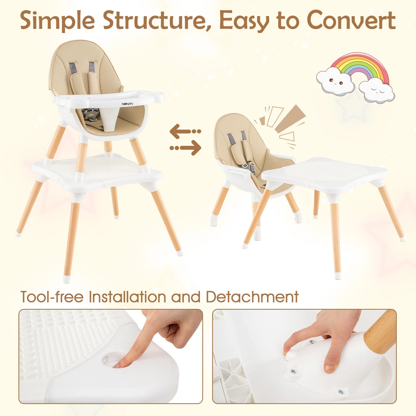 6-in-1 Convertible Table Chair Set, Wooden Infant Seat Feeding Dining Studying Chair for Kids 6-36 Months - Image 9
