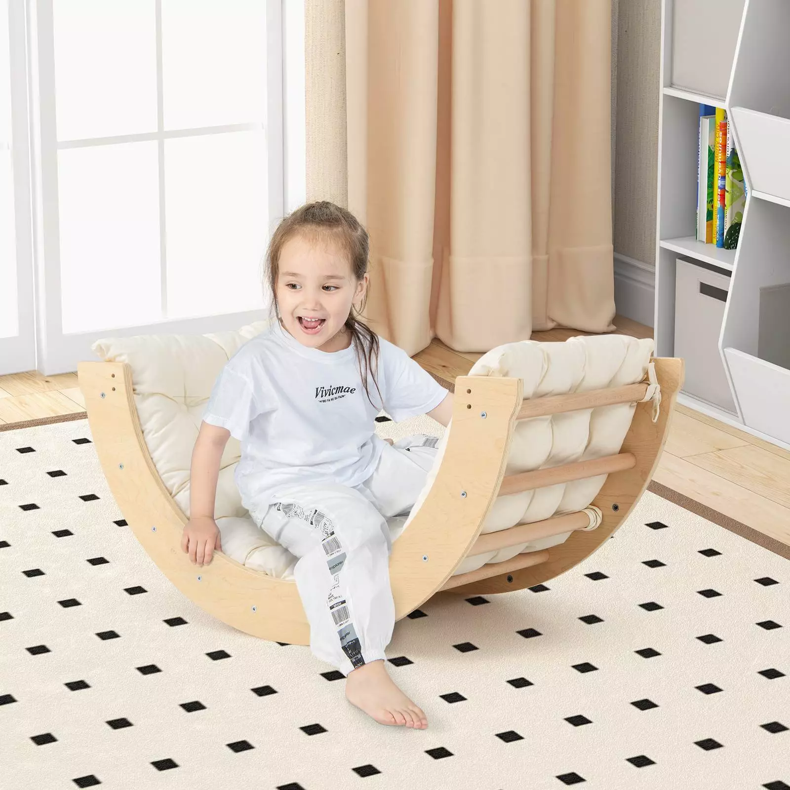 6 in 1 Kids Climbing Arch Playset Wooden Stoppers Toy Rocker Chair w/Storage Bin - Image 2