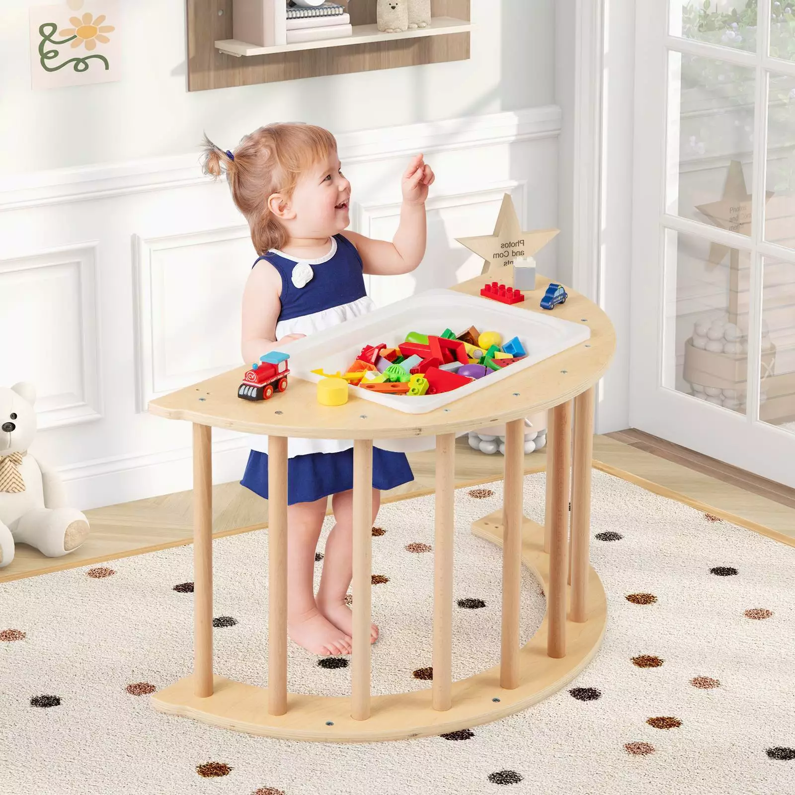6 in 1 Kids Climbing Arch Playset Wooden Stoppers Toy Rocker Chair w/Storage Bin - Image 3