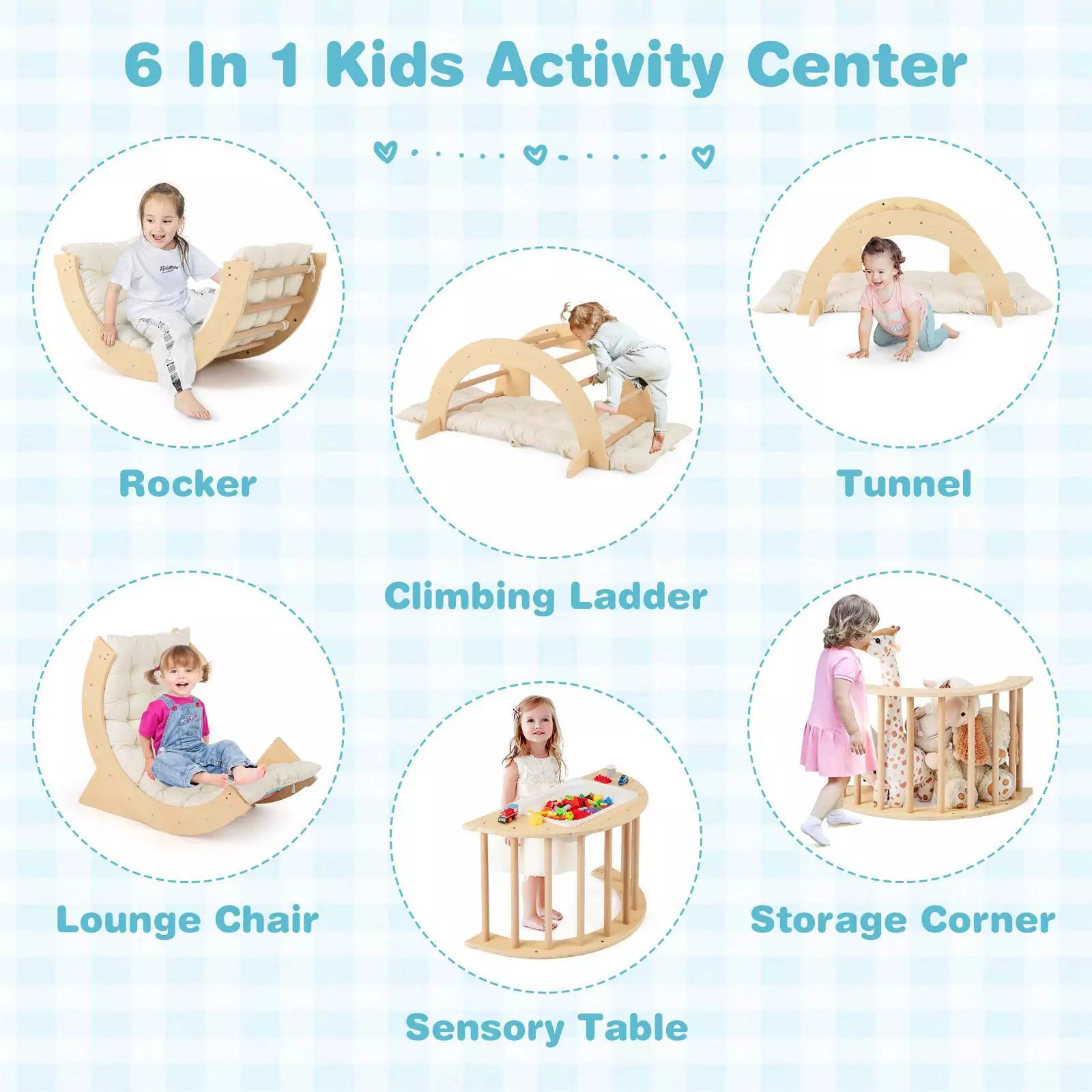 6 in 1 Kids Climbing Arch Playset Wooden Stoppers Toy Rocker Chair w/Storage Bin - Image 8