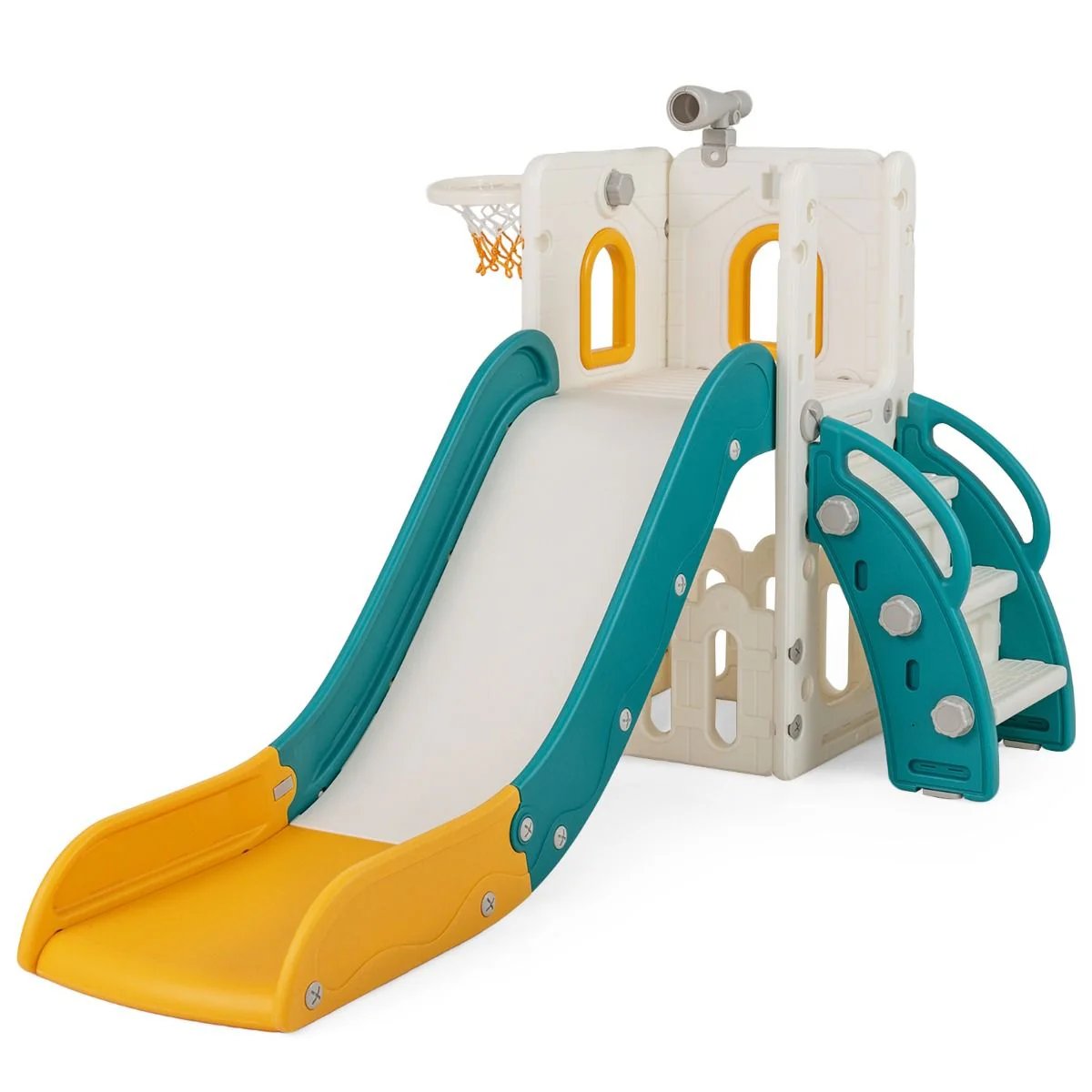 6-in-1 Toddler Slide Set with Climber Basketball Hoop and Telescope for Kids