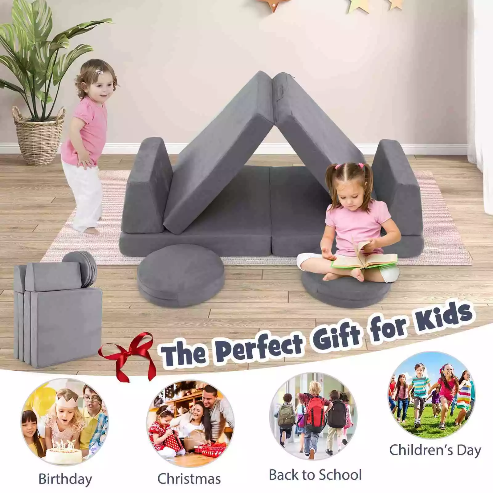 6 PCS Kids Modular Play Sofa Toddler Playing Sleeping Couch with Suede Fabric - Image 3