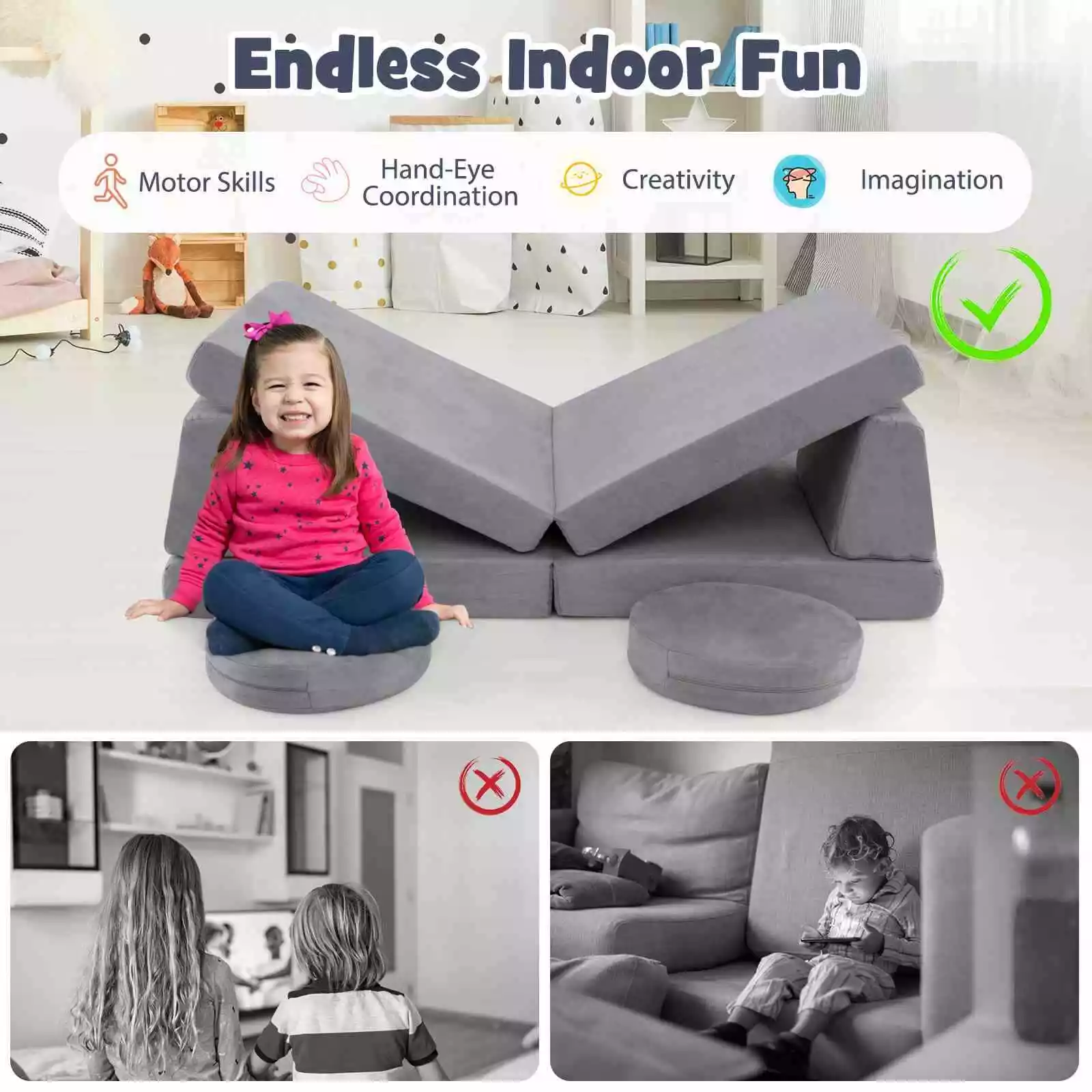 6 PCS Kids Modular Play Sofa Toddler Playing Sleeping Couch with Suede Fabric - Image 5