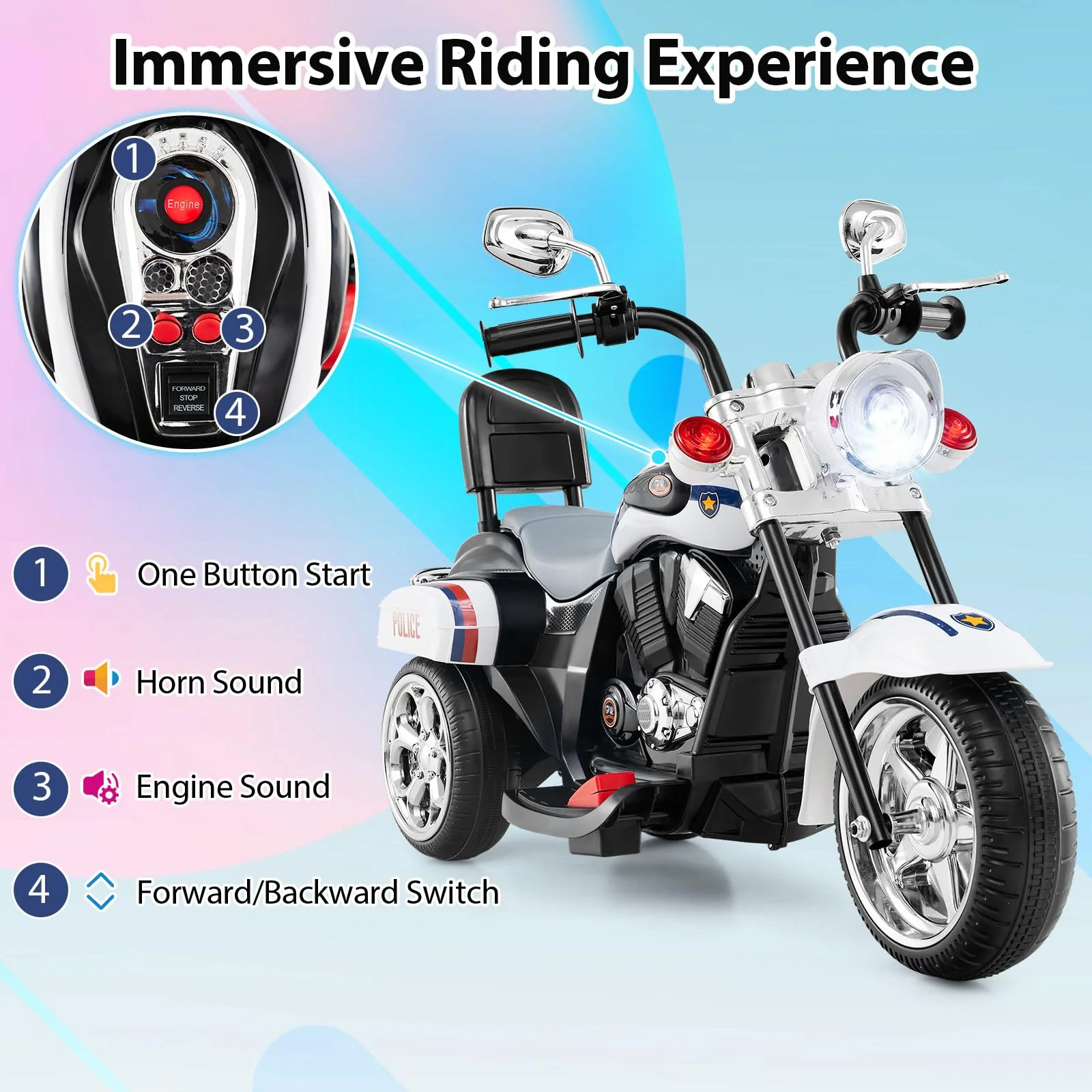 6V Kids Motorcycle 3-Wheel with Headlight and Horn White - Image 3
