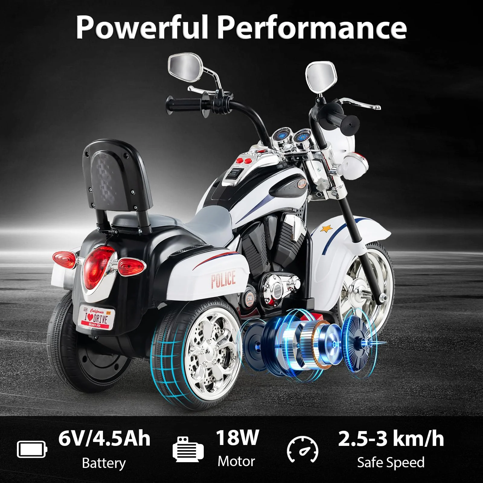 6V Kids Motorcycle 3-Wheel with Headlight and Horn White - Image 4