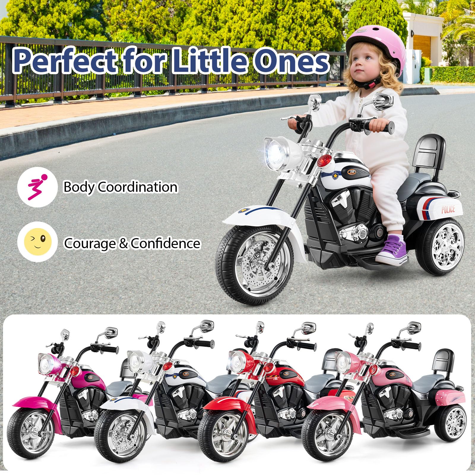 6V Kids Motorcycle 3-Wheel with Headlight and Horn White - Image 5