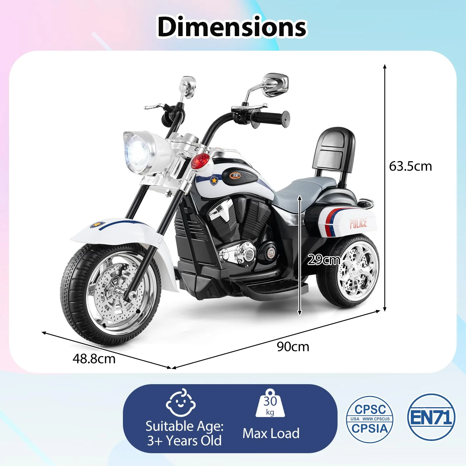 6V Kids Motorcycle 3-Wheel with Headlight and Horn White - Image 6
