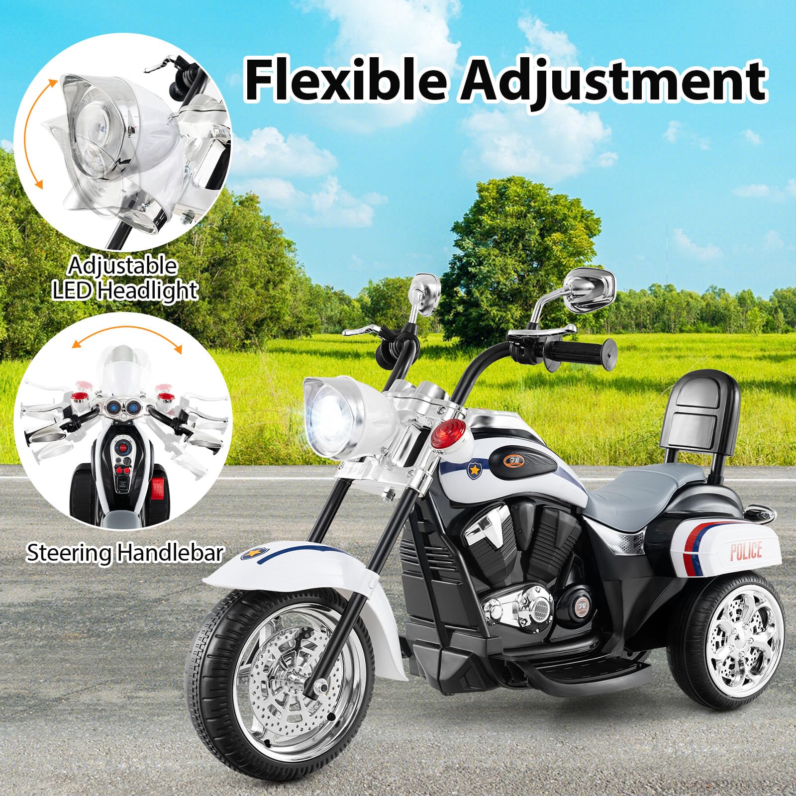 6V Kids Motorcycle 3-Wheel with Headlight and Horn White - Image 7