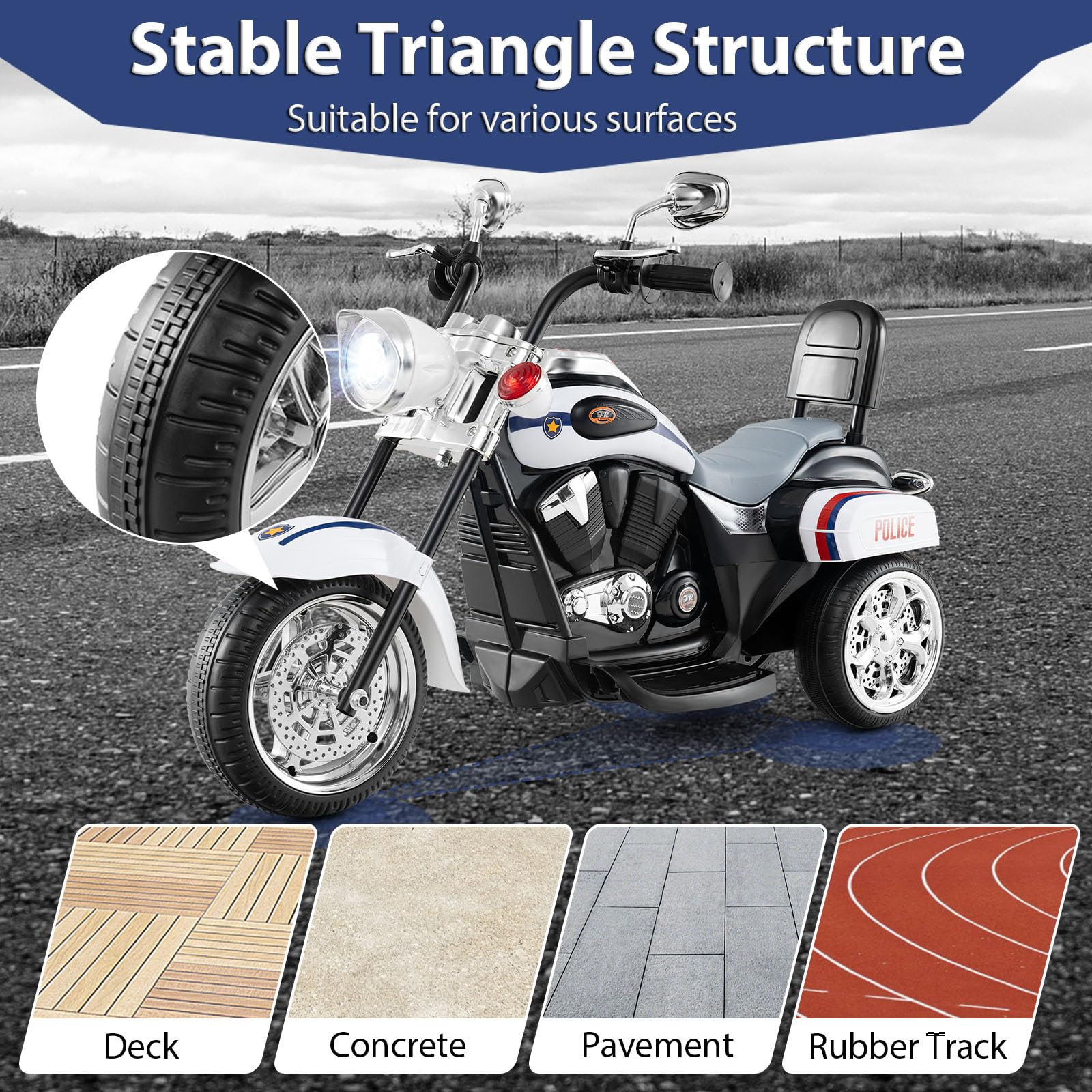 6V Kids Motorcycle 3-Wheel with Headlight and Horn White - Image 9