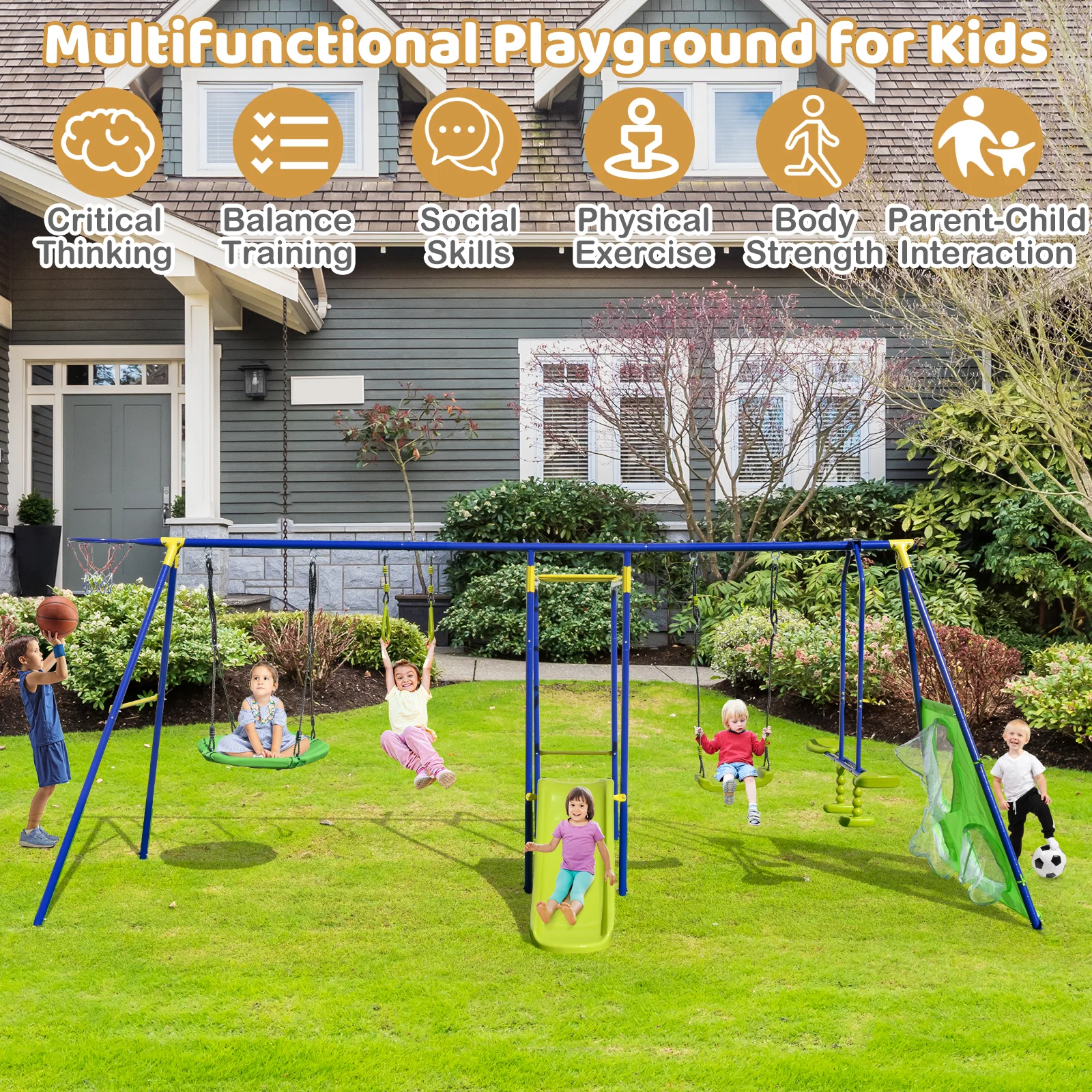 7-in-1 Outdoor Swing Set with Ground Stakes for Garden/Backyard/Park - Image 5