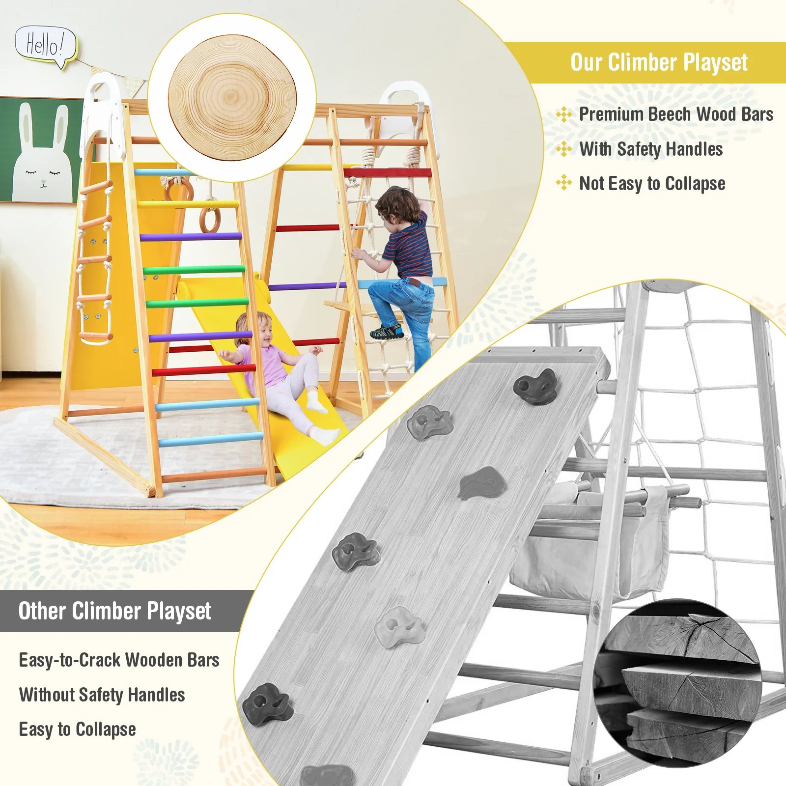 8-in-1 Jungle Gym Playset, Wooden Climber Play Set w/ Monkey Bars - Image 5