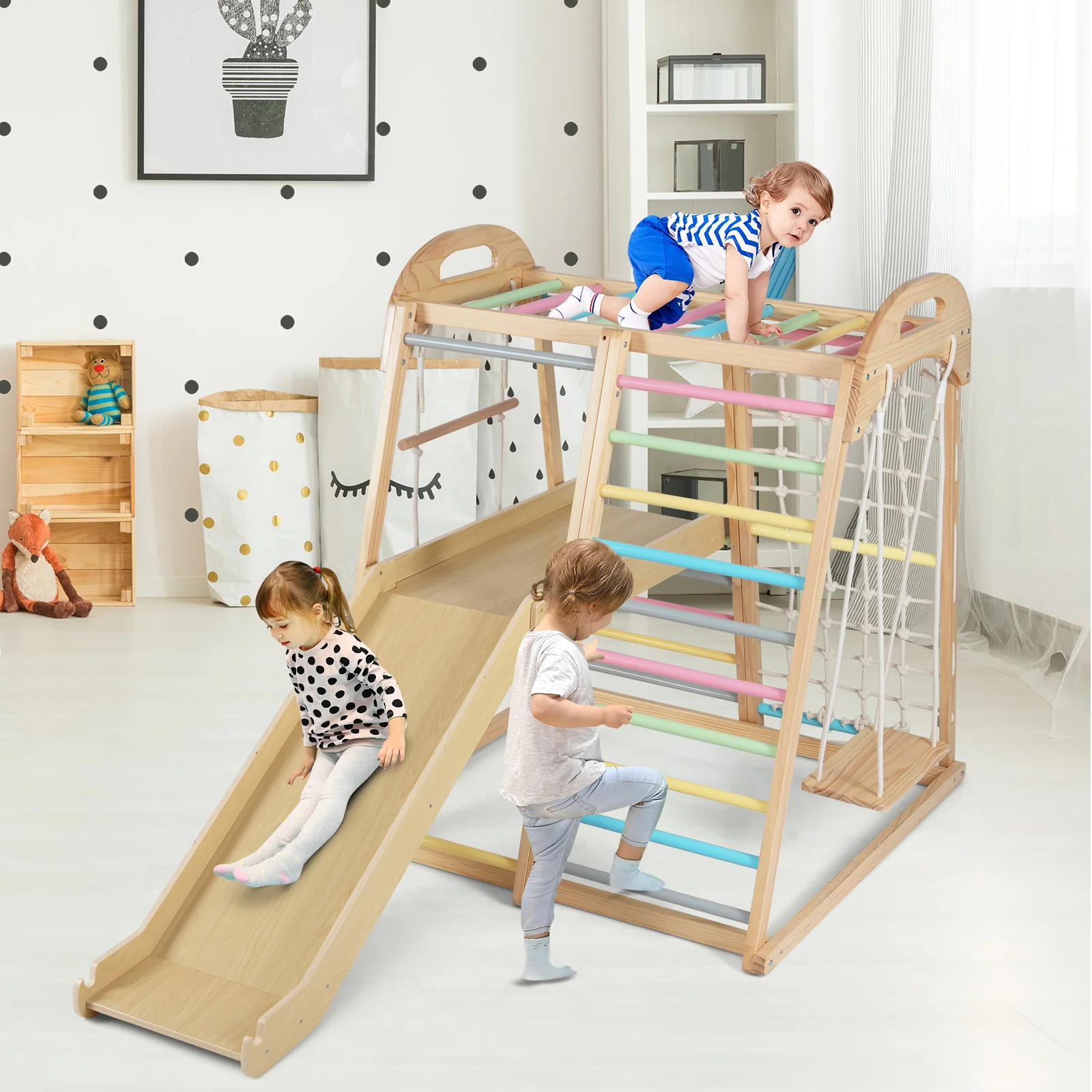 8-in-1 Jungle Gym, Wooden Montessori Climber Playset with Slide - Image 10
