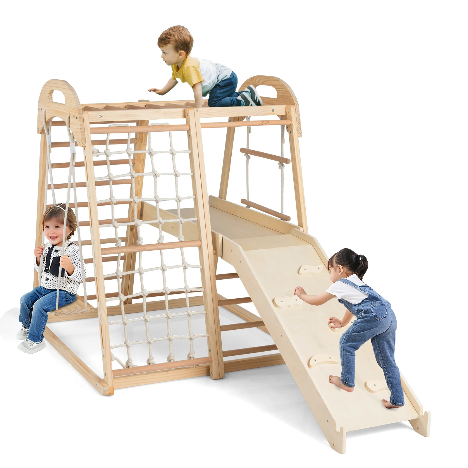 8-in-1 Jungle Gym, Wooden Montessori Climber Playset with Slide - Image 11