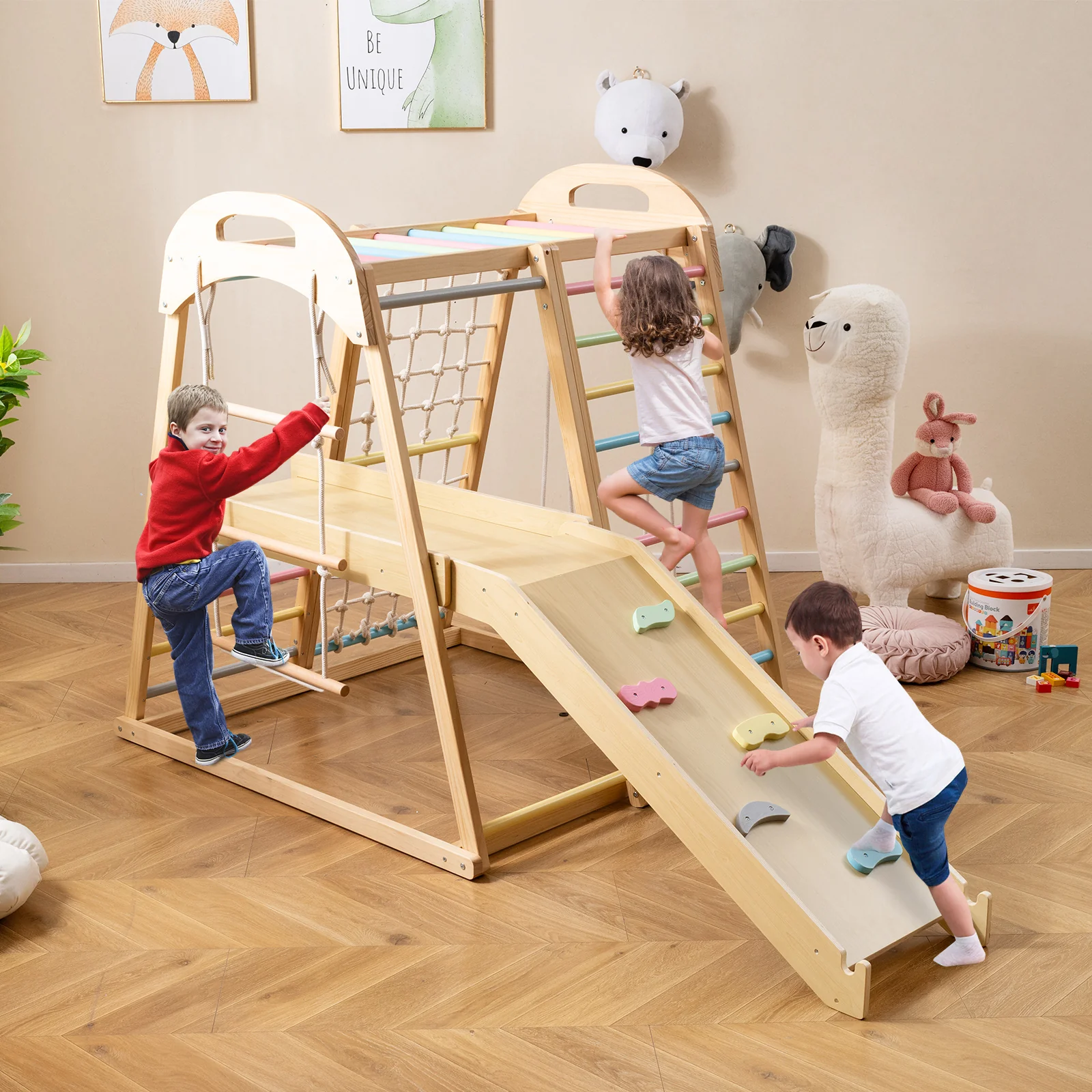 8-in-1 Jungle Gym, Wooden Montessori Climber Playset with Slide - Image 2