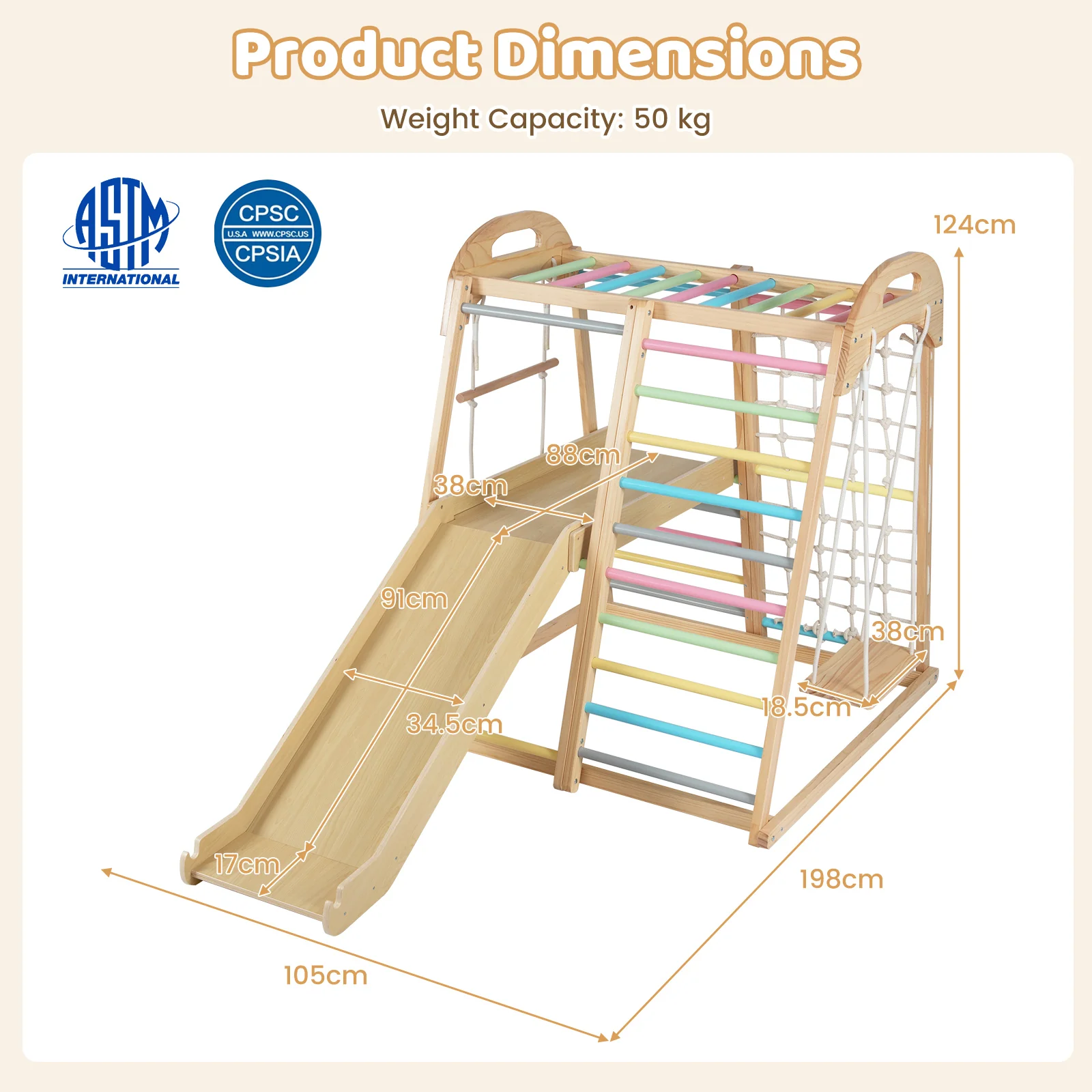 8-in-1 Jungle Gym, Wooden Montessori Climber Playset with Slide - Image 3