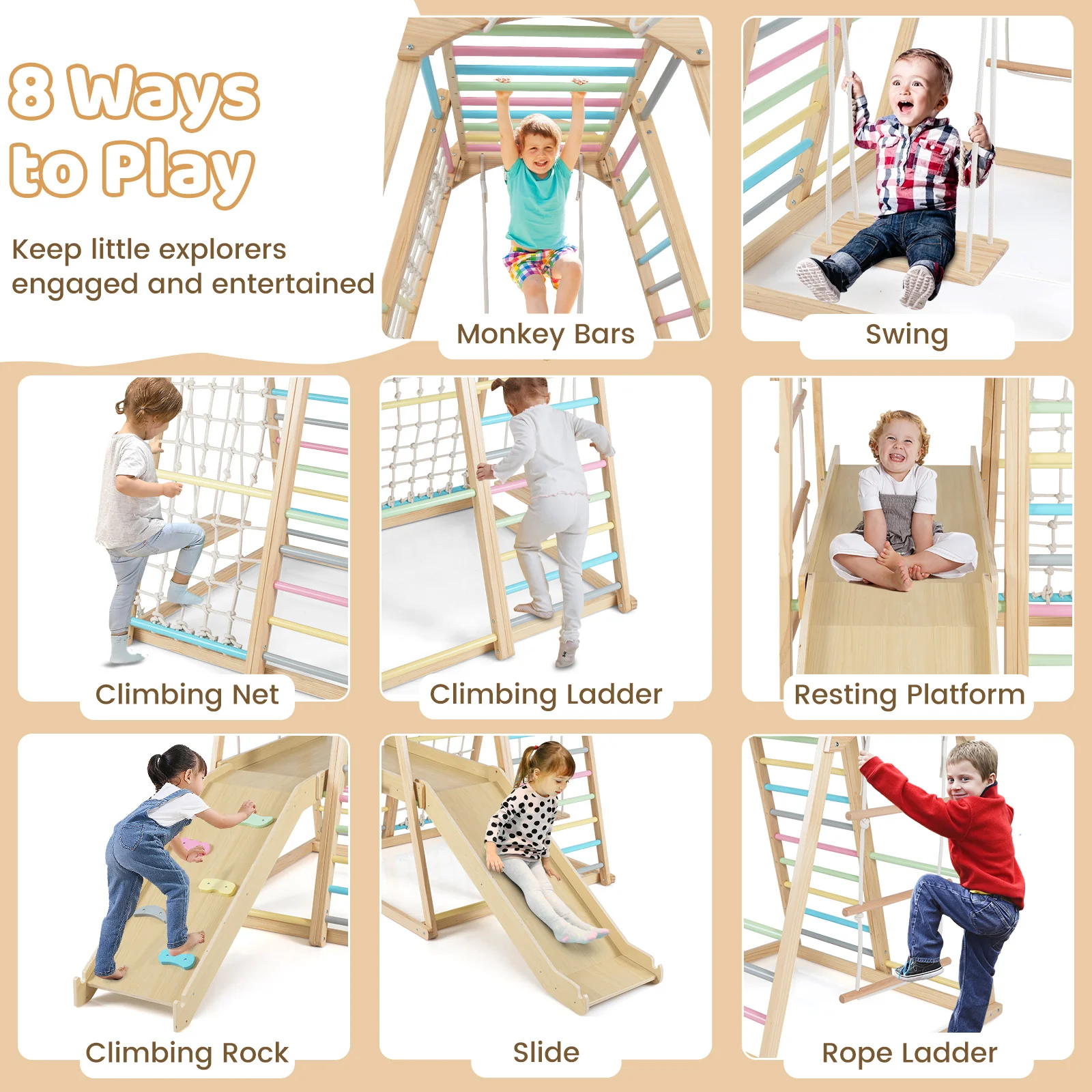 8-in-1 Jungle Gym, Wooden Montessori Climber Playset with Slide - Image 4