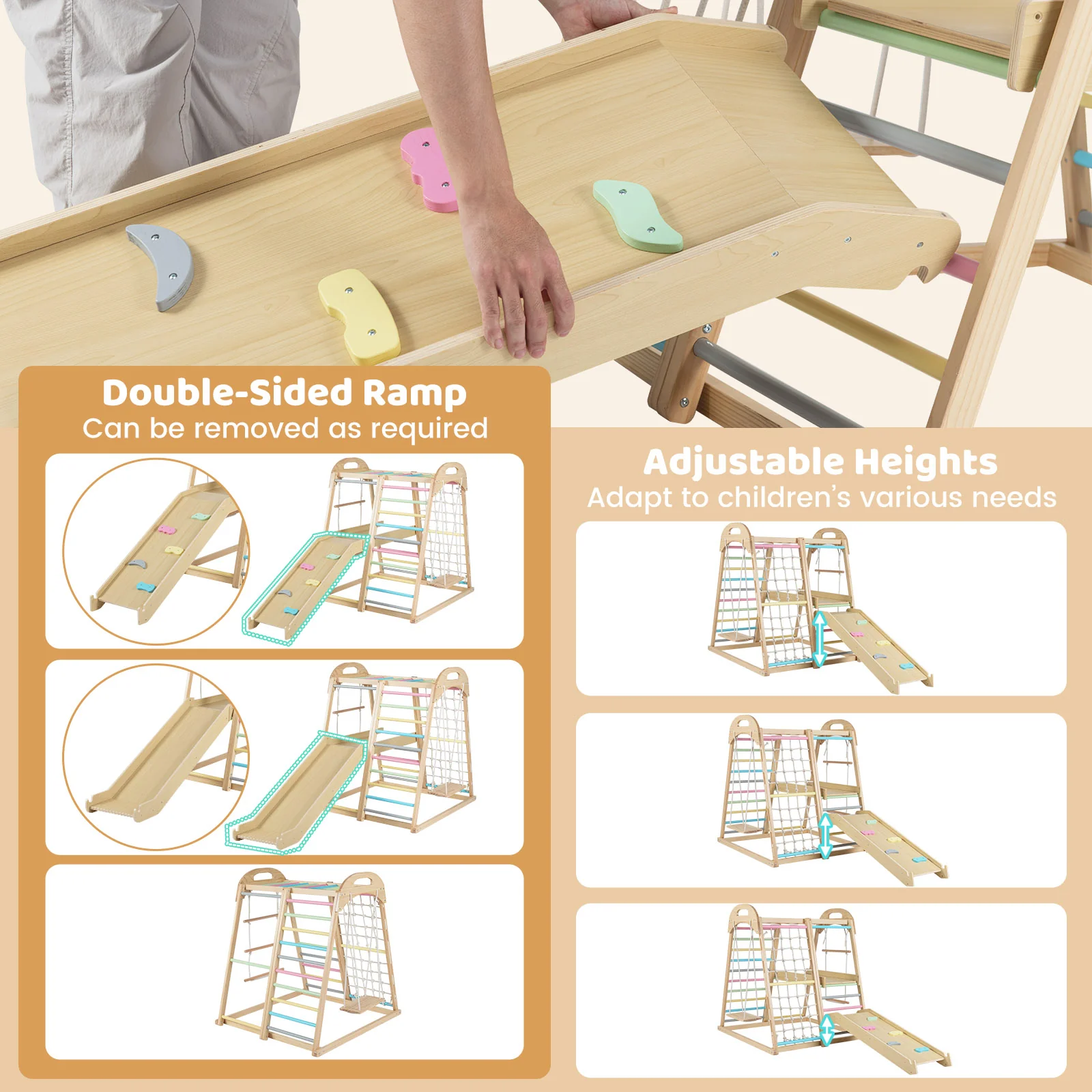 8-in-1 Jungle Gym, Wooden Montessori Climber Playset with Slide - Image 5