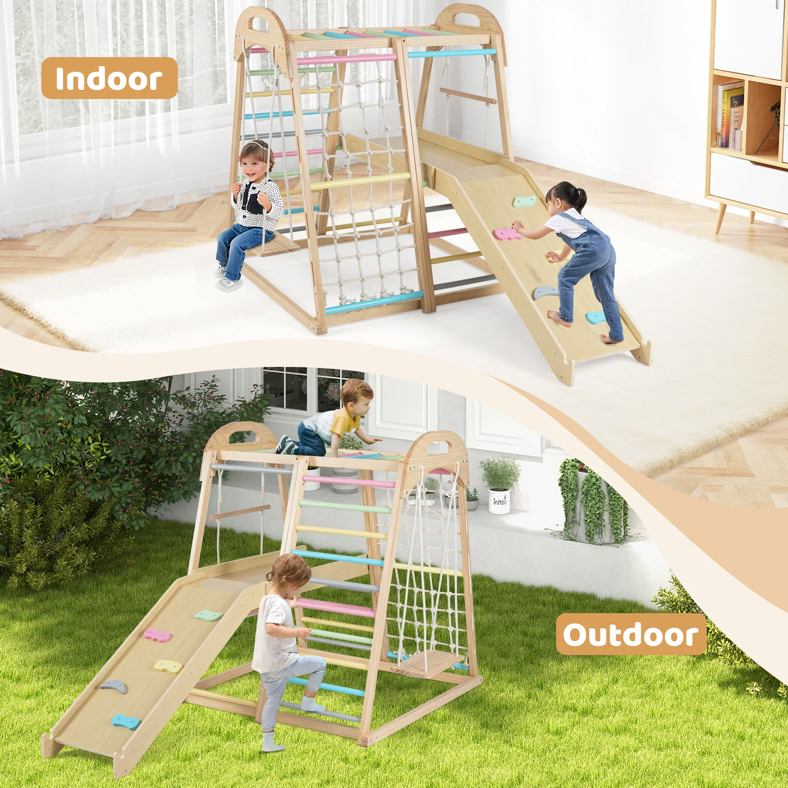8-in-1 Jungle Gym, Wooden Montessori Climber Playset with Slide - Image 7