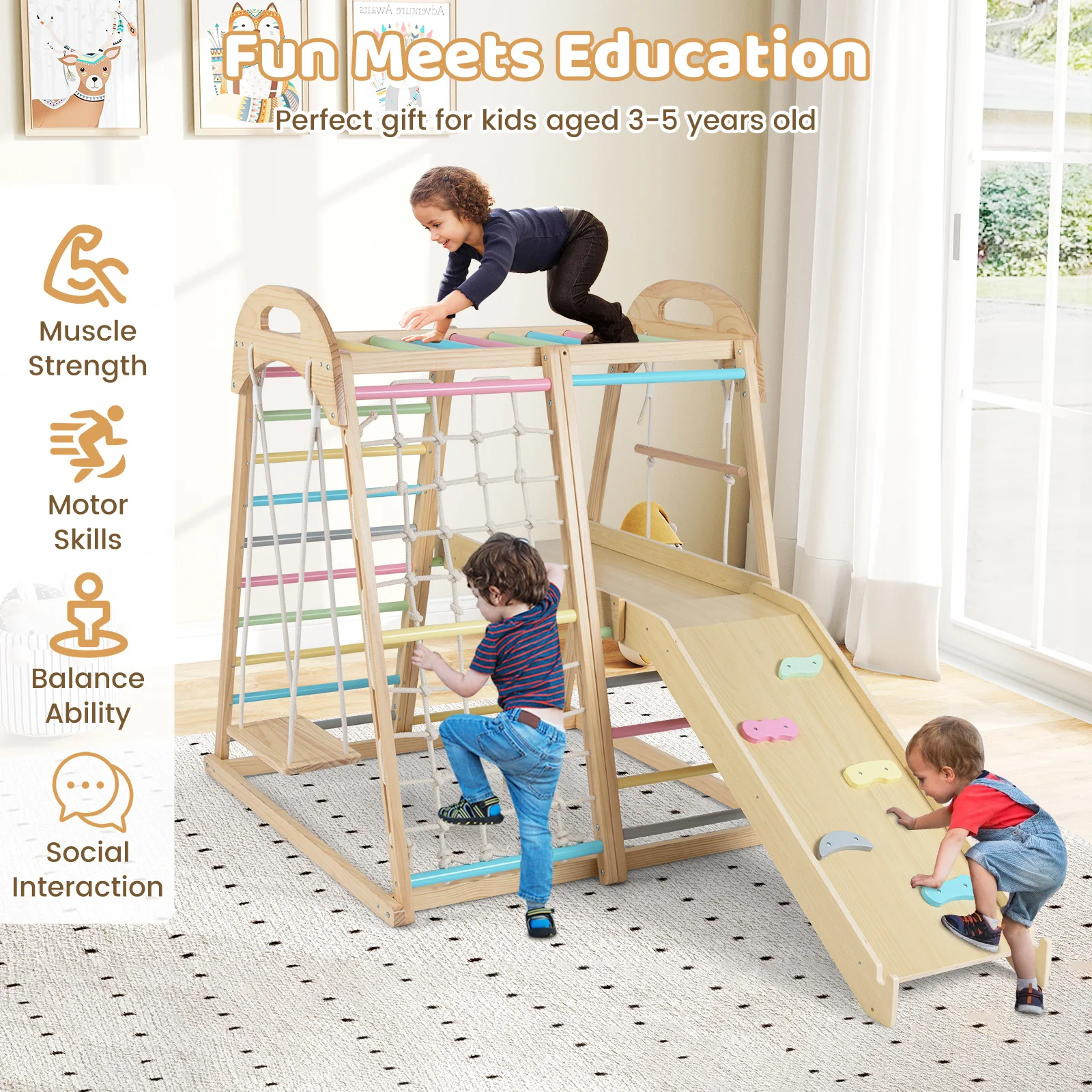 8-in-1 Jungle Gym, Wooden Montessori Climber Playset with Slide - Image 8