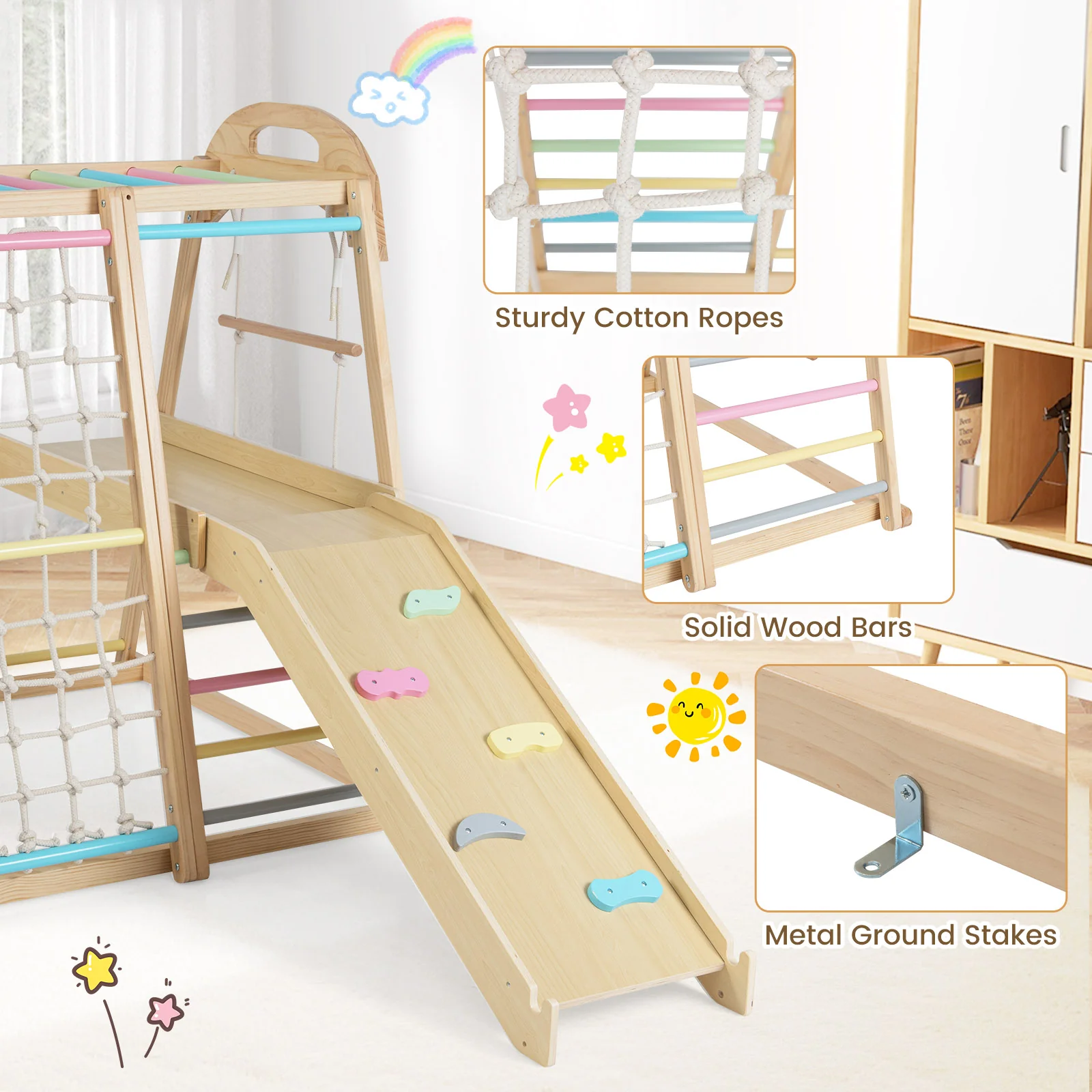 8-in-1 Jungle Gym, Wooden Montessori Climber Playset with Slide - Image 9