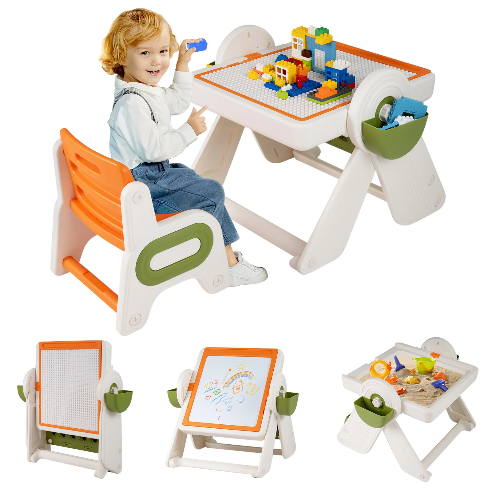 9-in-1 Kids Activity Table and Chair Set with 3 Heights and Book Rack - Image 11