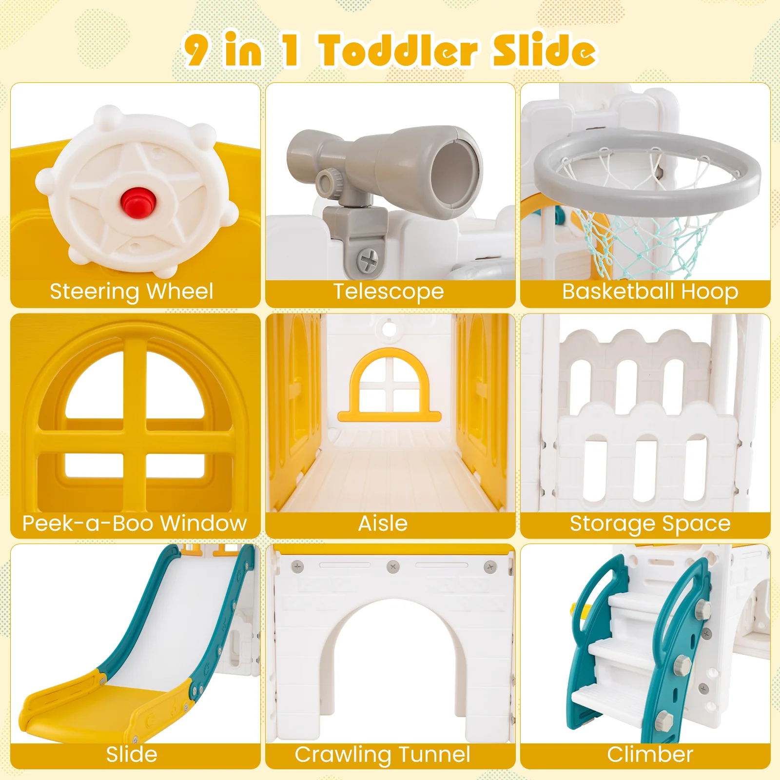 9 in 1 Toddler Slide, L Shaped Kids Slide and Climber Playset - Image 3