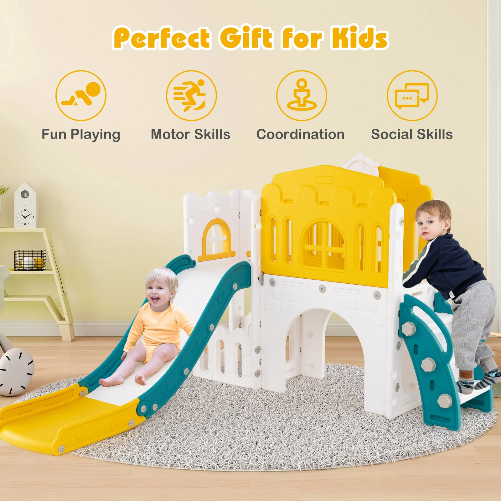 9 in 1 Toddler Slide, L Shaped Kids Slide and Climber Playset - Image 7