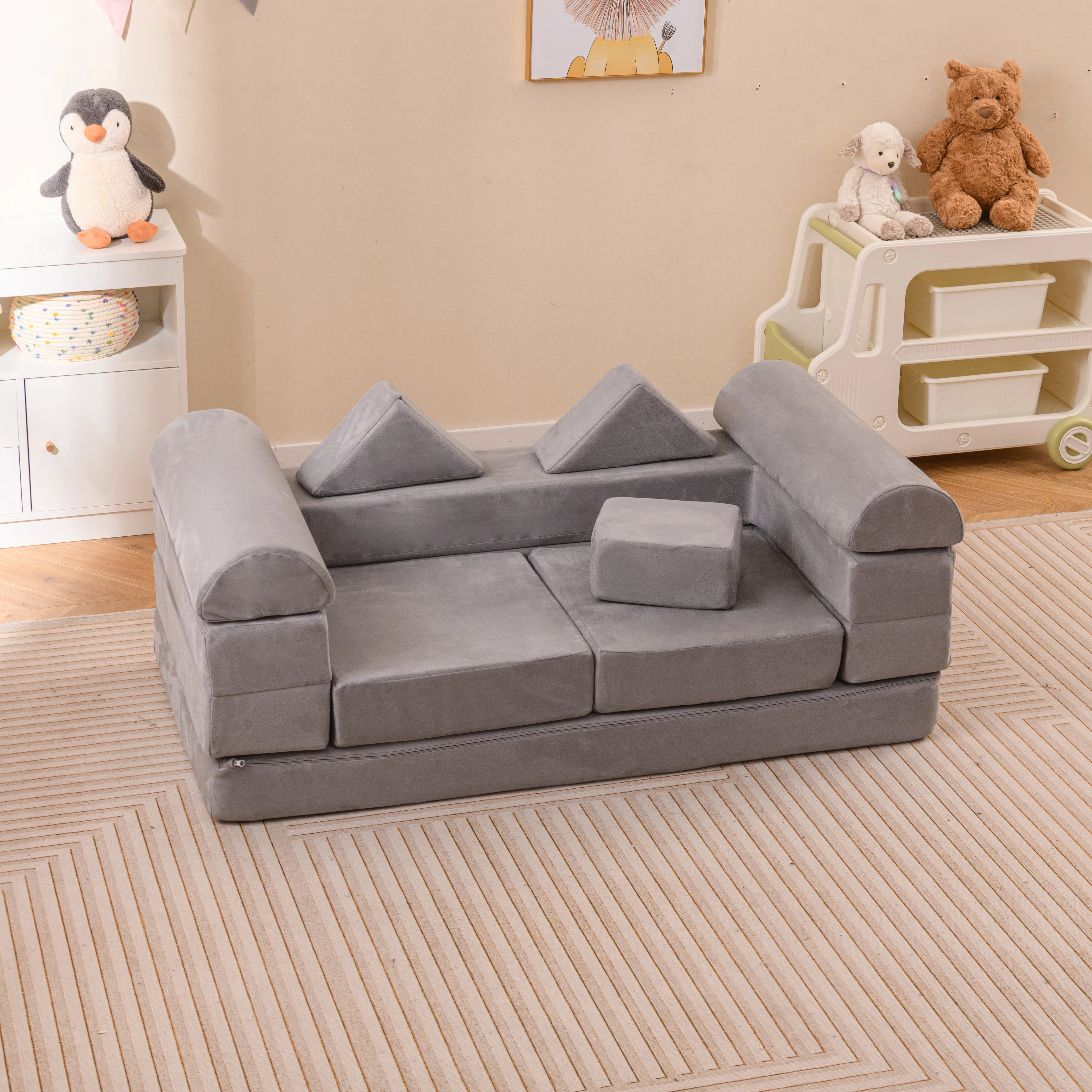 9-Piece Modular Kids Play Couch, Climb & Crawl Foam Playset w/ Breathable Suede Fabric - Image 2