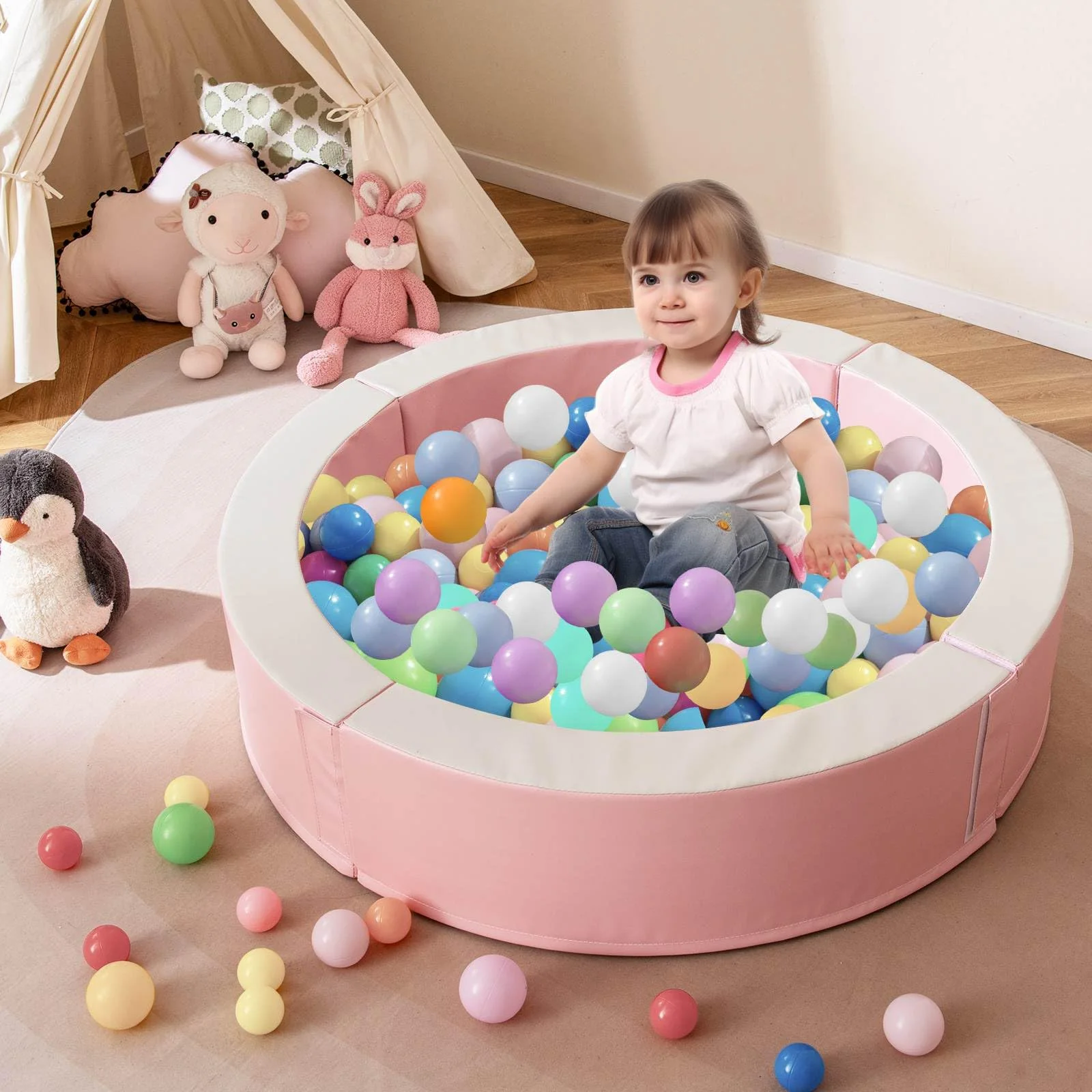 BABY JOY 113 x 26 cm Baby Ball Pit, Detachable Foam Ball Pit with 50 Colorful Ocean Balls - Image 2