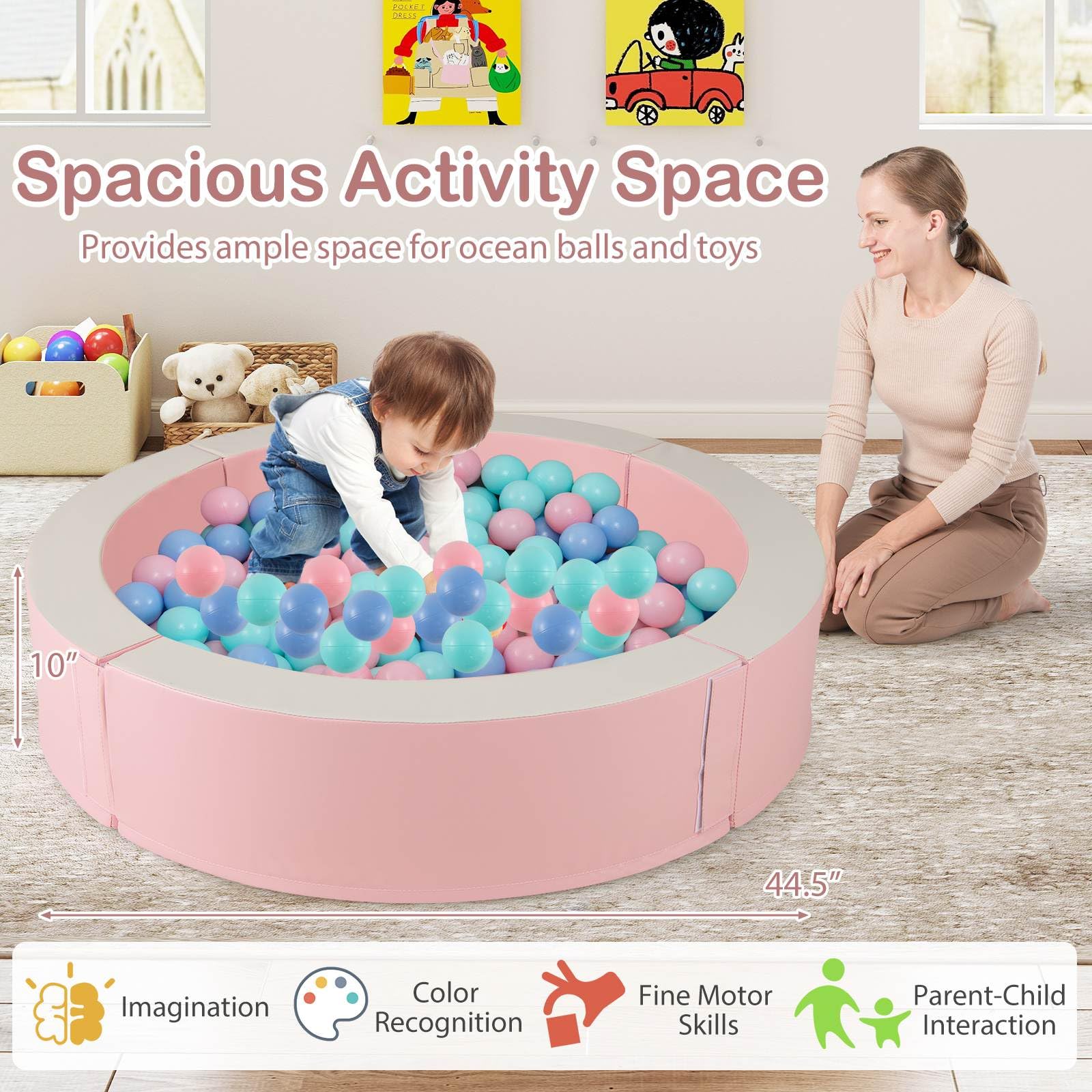 BABY JOY 113 x 26 cm Baby Ball Pit, Detachable Foam Ball Pit with 50 Colorful Ocean Balls - Image 4
