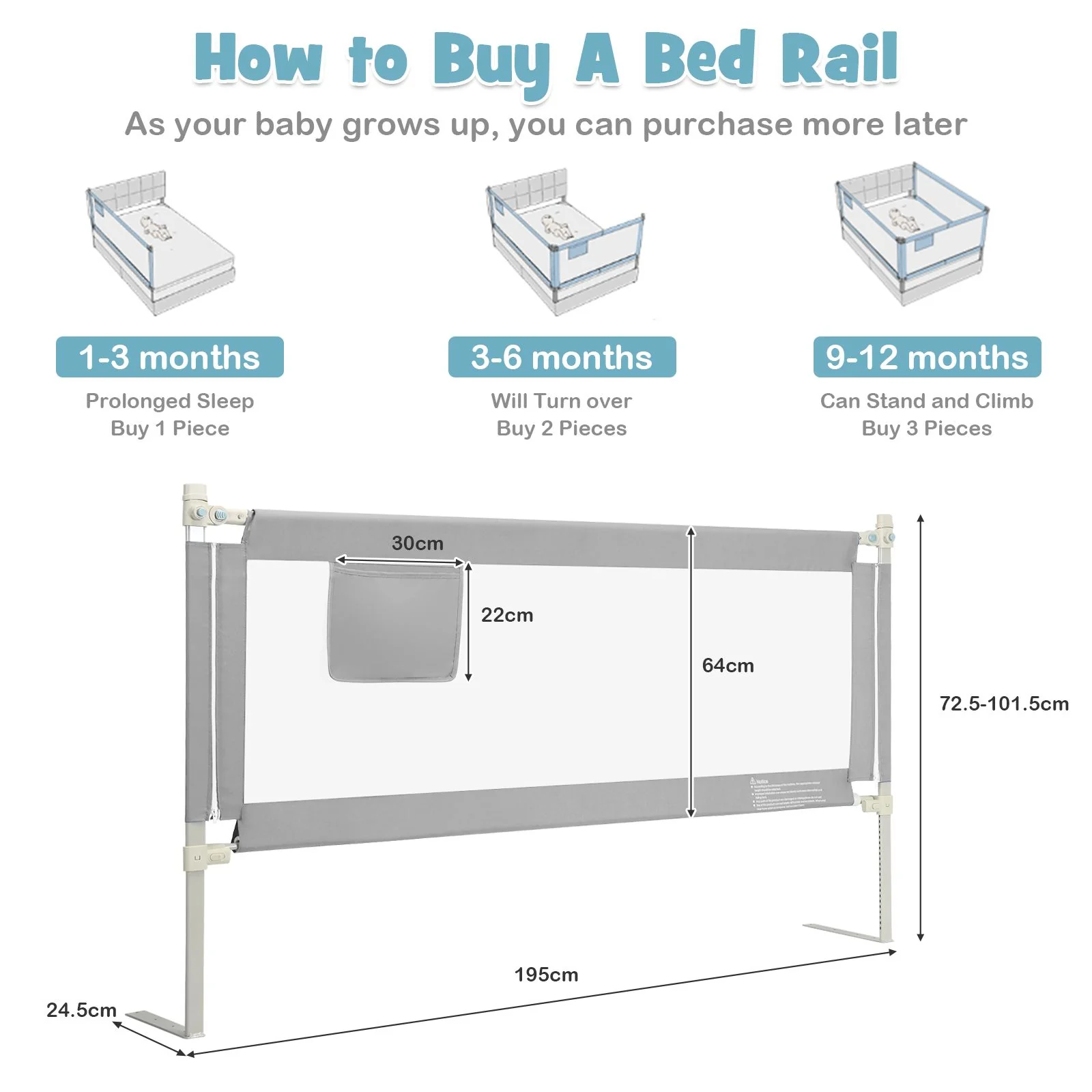 BABY JOY 176/195CM Toddler Bedrail, Extra Tall Safety Bed Guardrail W/Anti-Collision Cotton & Side Pocket - Image 10