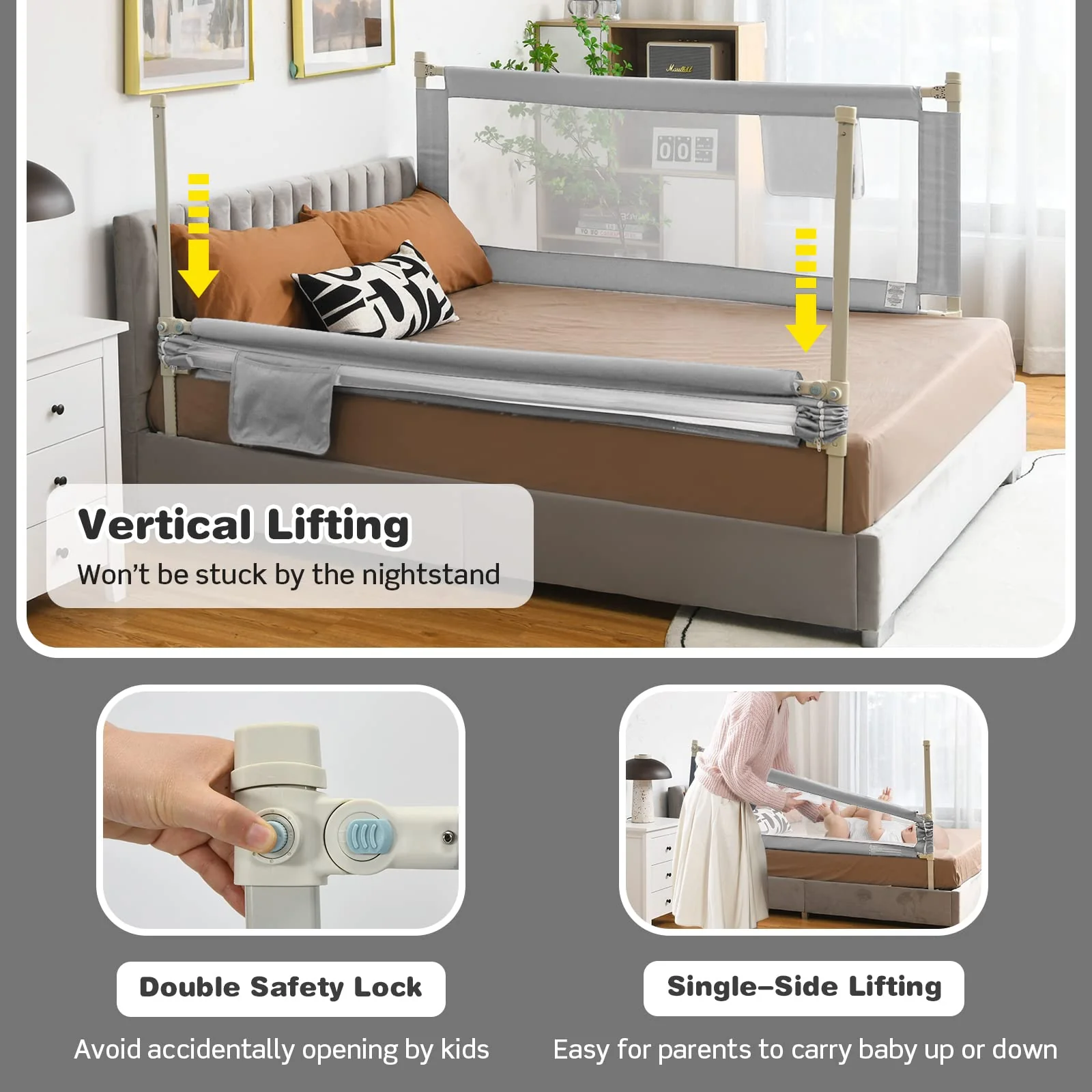 BABY JOY 176/195CM Toddler Bedrail, Extra Tall Safety Bed Guardrail W/Anti-Collision Cotton & Side Pocket - Image 4